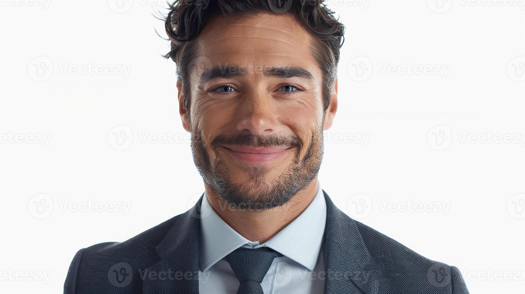 Confident Businessman Smiling Against Simple Background in Modern Office Setting During Bright Daylight photo