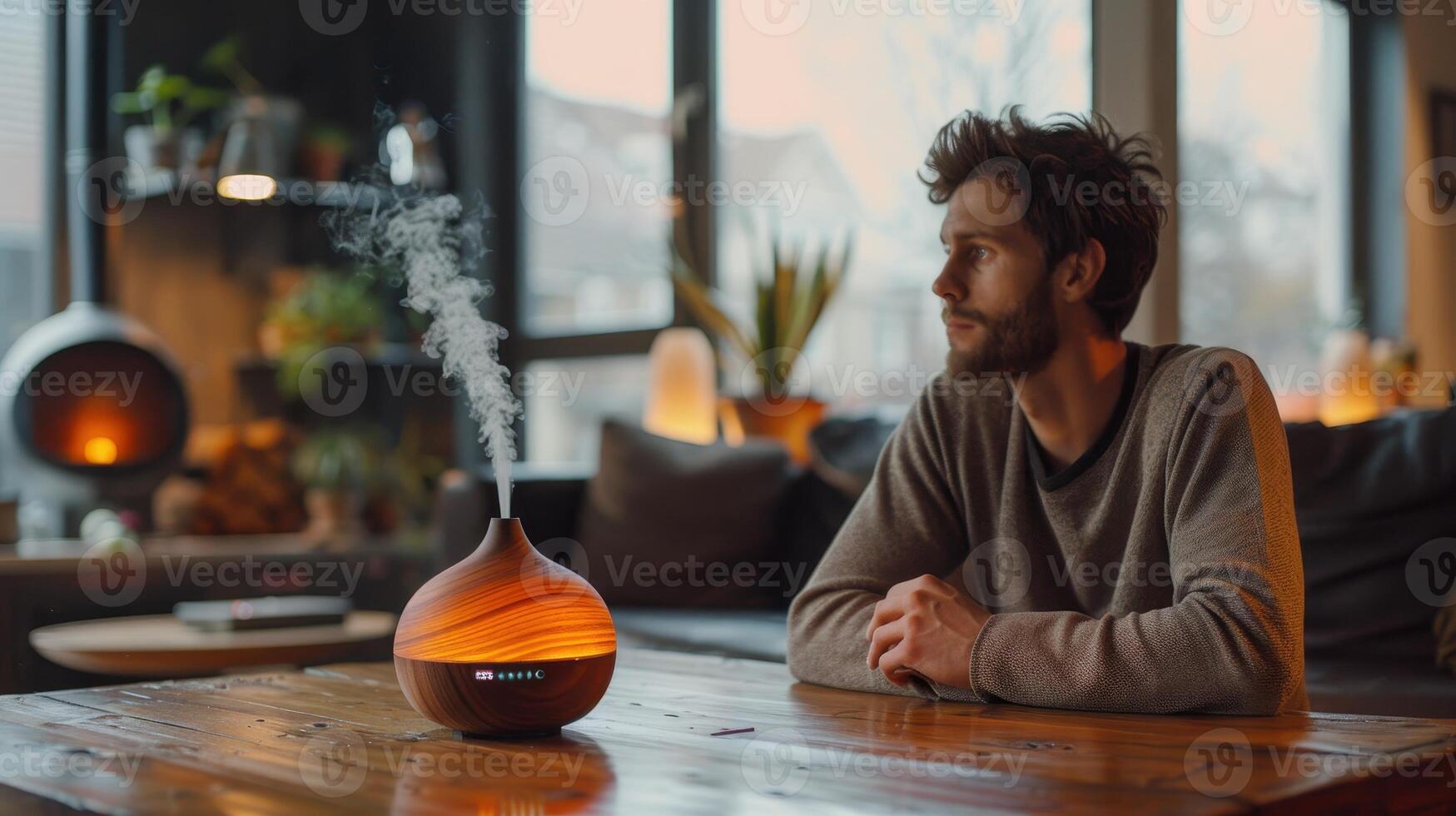 Relaxing Evening in a Cozy Living Room With Aromatic Diffuser and Contemplative Man photo