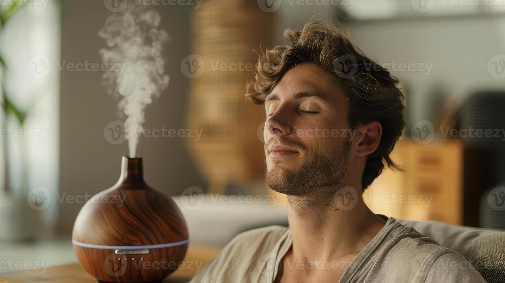 Relaxing Moments of Meditation With Essential Oil Diffuser in a Tranquil Indoor Space During Daytime photo