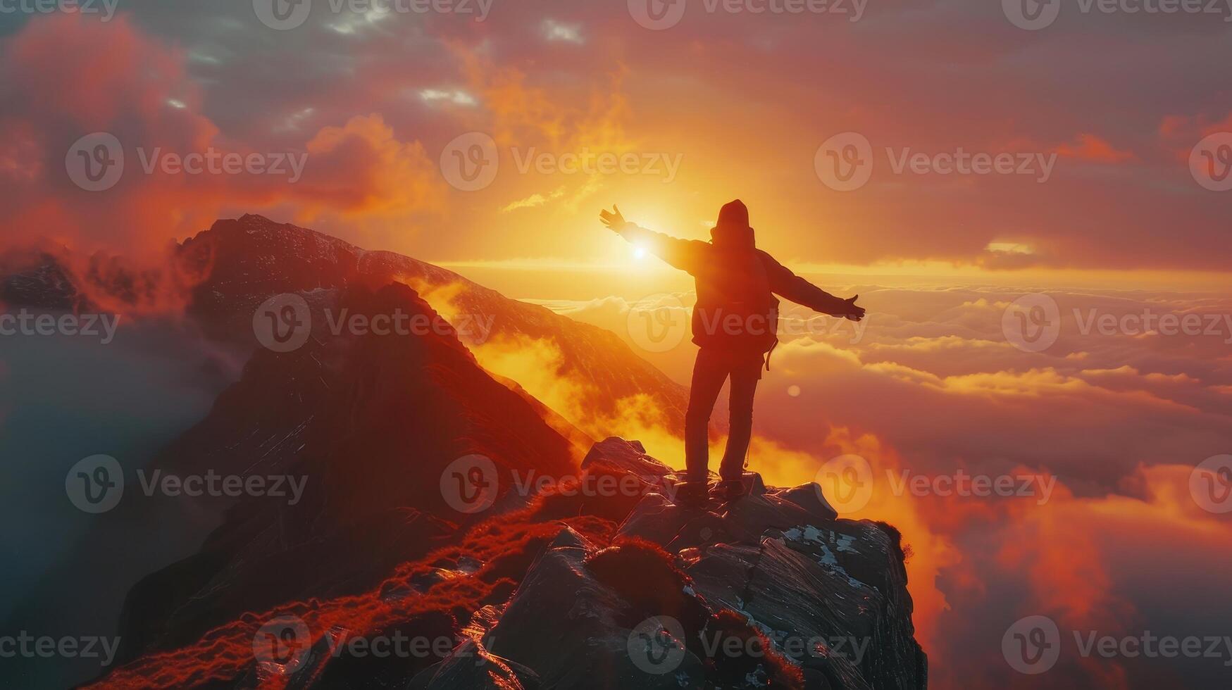 Dramatic Sunrise Over Majestic Mountain Peaks With Adventurer Embracing the Dawn Sky photo