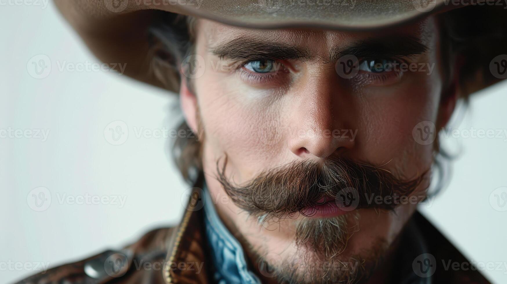 A Confident Cowboy Showcases His Distinguished Mustache in a Studio Portrait photo