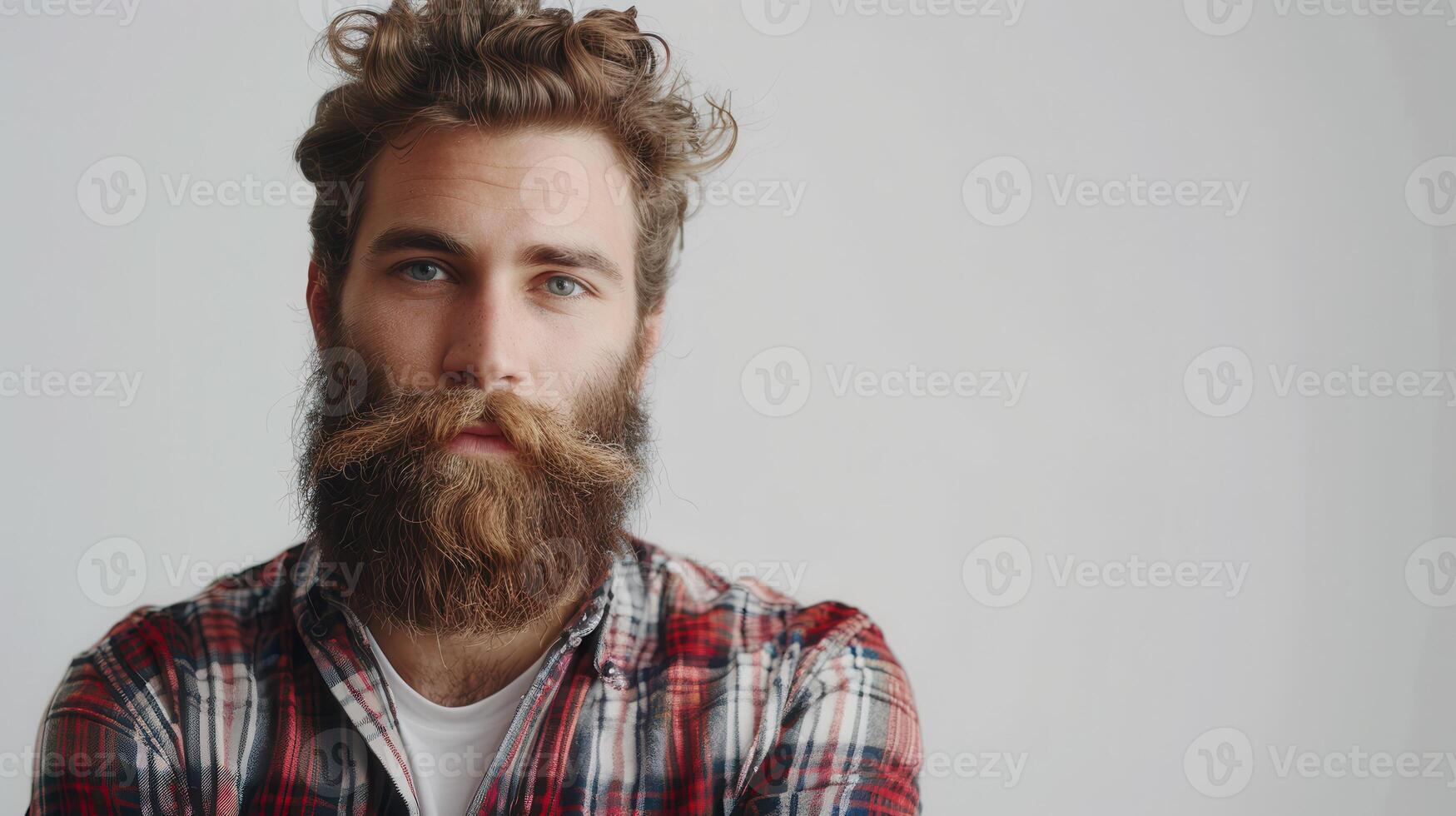 Handsome Bearded Man With Curly Hair in Checkered Shirt Posing Thoughtfully Against a Simple Background photo