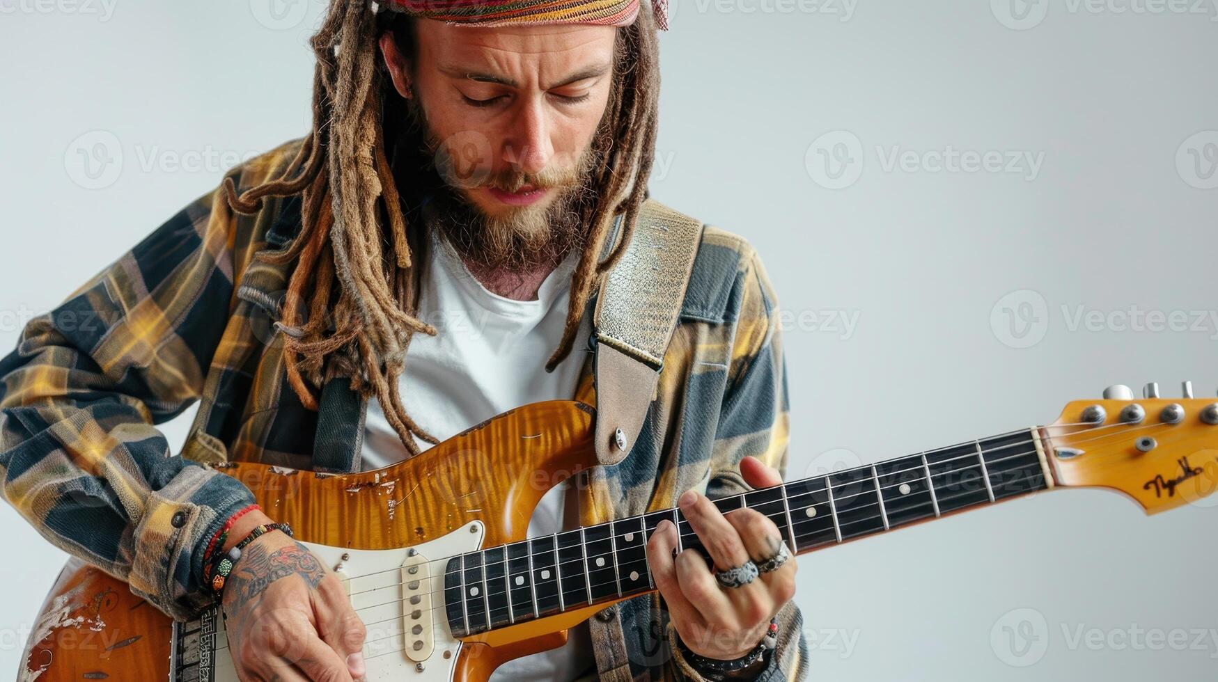 A Passionate Musician With Dreadlocks Playing Guitar in a Bright Studio During Daylight photo