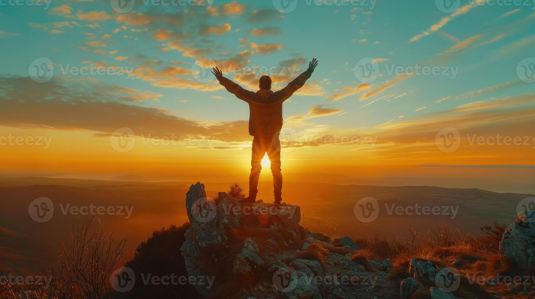 Person Standing on a Rocky Summit With Outstretched Arms Against a Stunning Sunset Over Rolling Hills photo