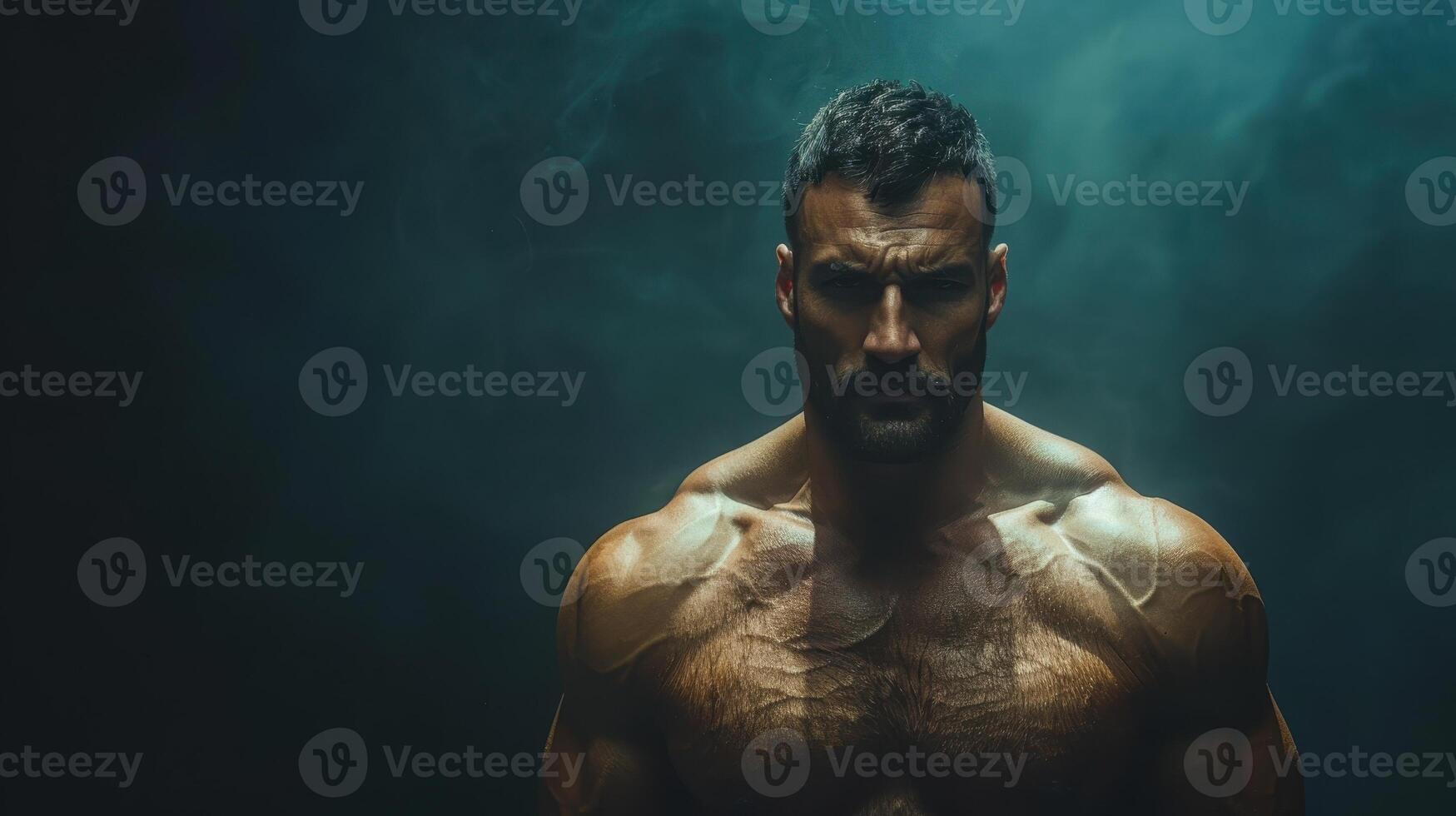 Powerful Muscular Man Posing Confidently in Dark Atmosphere With Soft Lighting photo