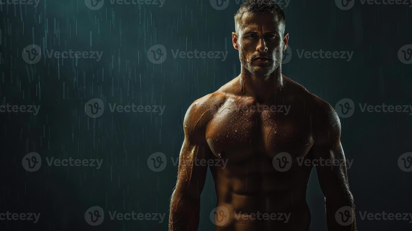 Dramatic Portrait of a Muscular Man Posing Confidently Under Rainy Lights in an Intense Setting photo