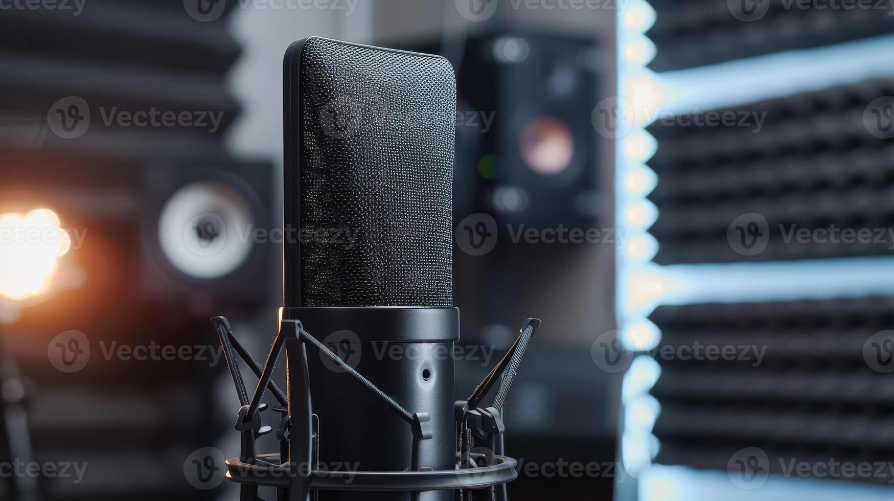 Captivating Microphone Set Against Modern Studio Backdrop During Late Evening Recording Session photo