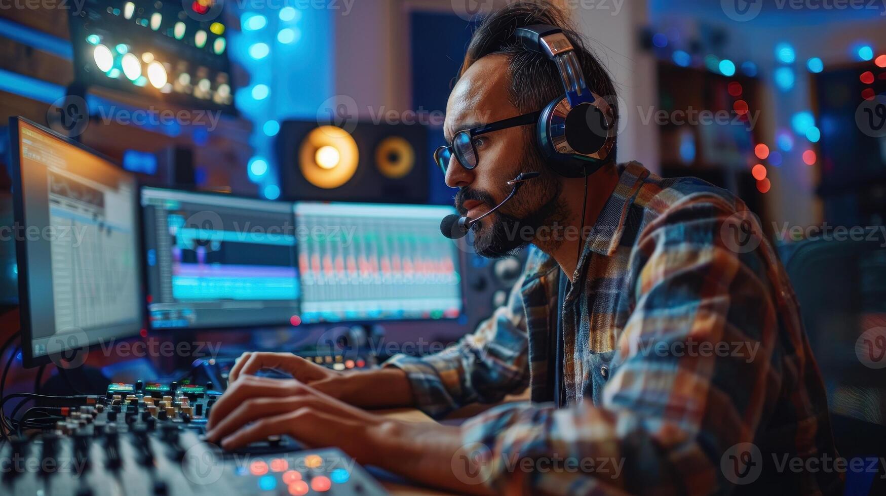 Creative Music Producer Engaged in Digital Sound Editing Within a Vibrant Home Studio Setting at Night photo