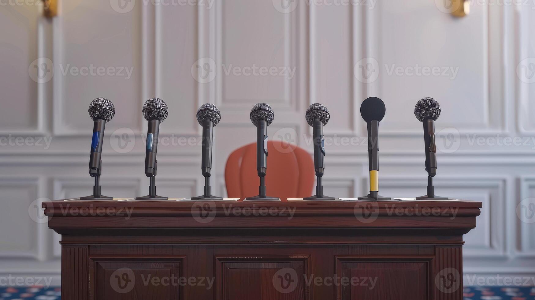 Press Conference Setup With Multiple Microphones Ready for Questions in a Historic Venue photo