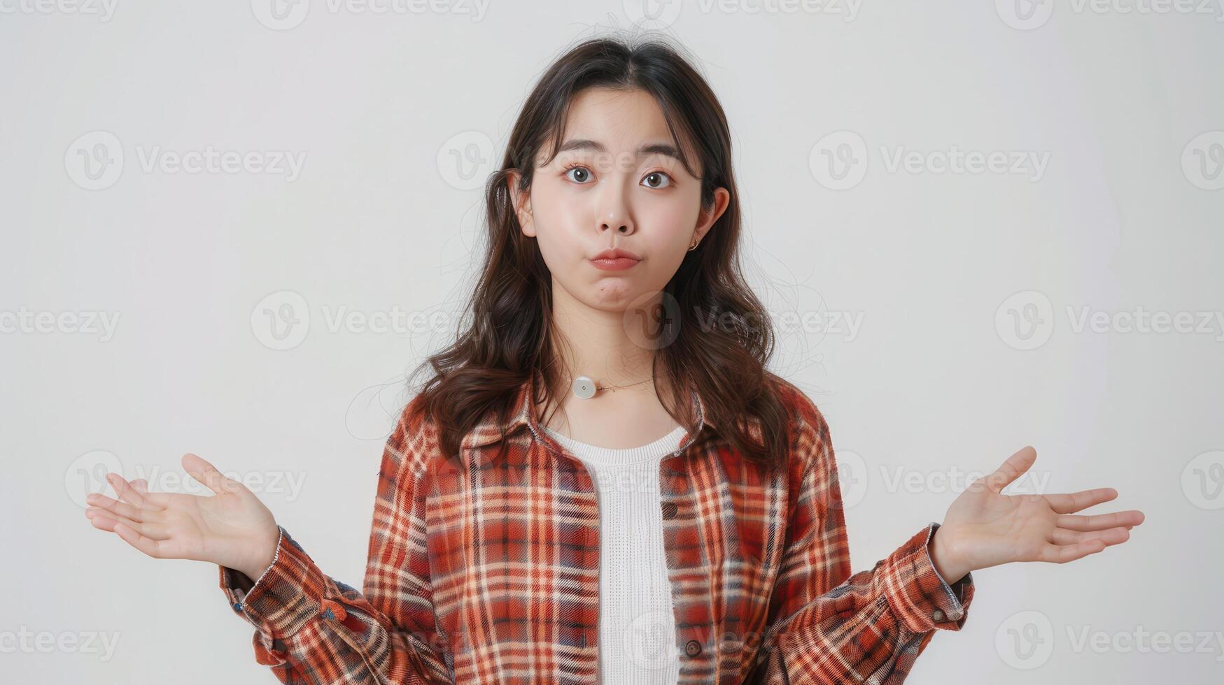 Young Woman Expressing Confusion While Wearing a Checkered Shirt in a Studio Setting photo
