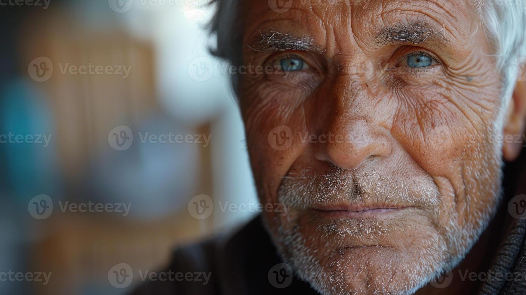 Captivating Portrait of an Elderly Man With Striking Blue Eyes Captured in Warm Light photo