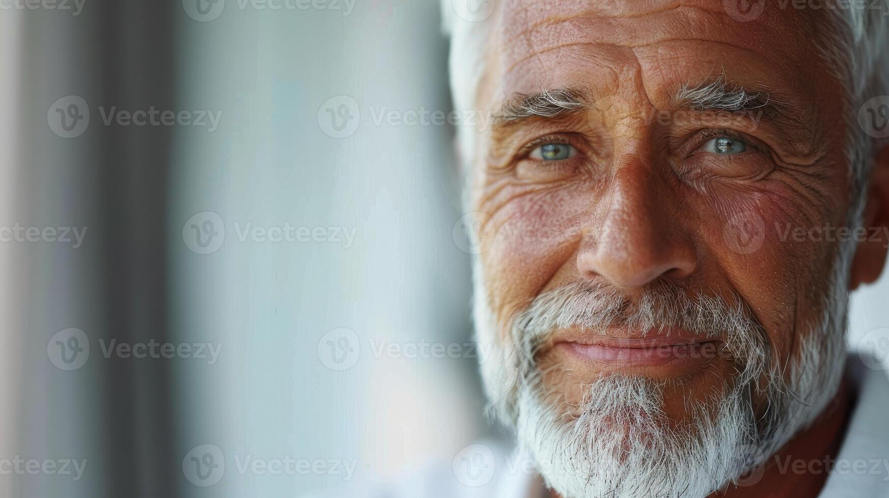 A Joyful Elderly Man With Salt-and-Pepper Beard Smiling in Natural Light by a Window photo