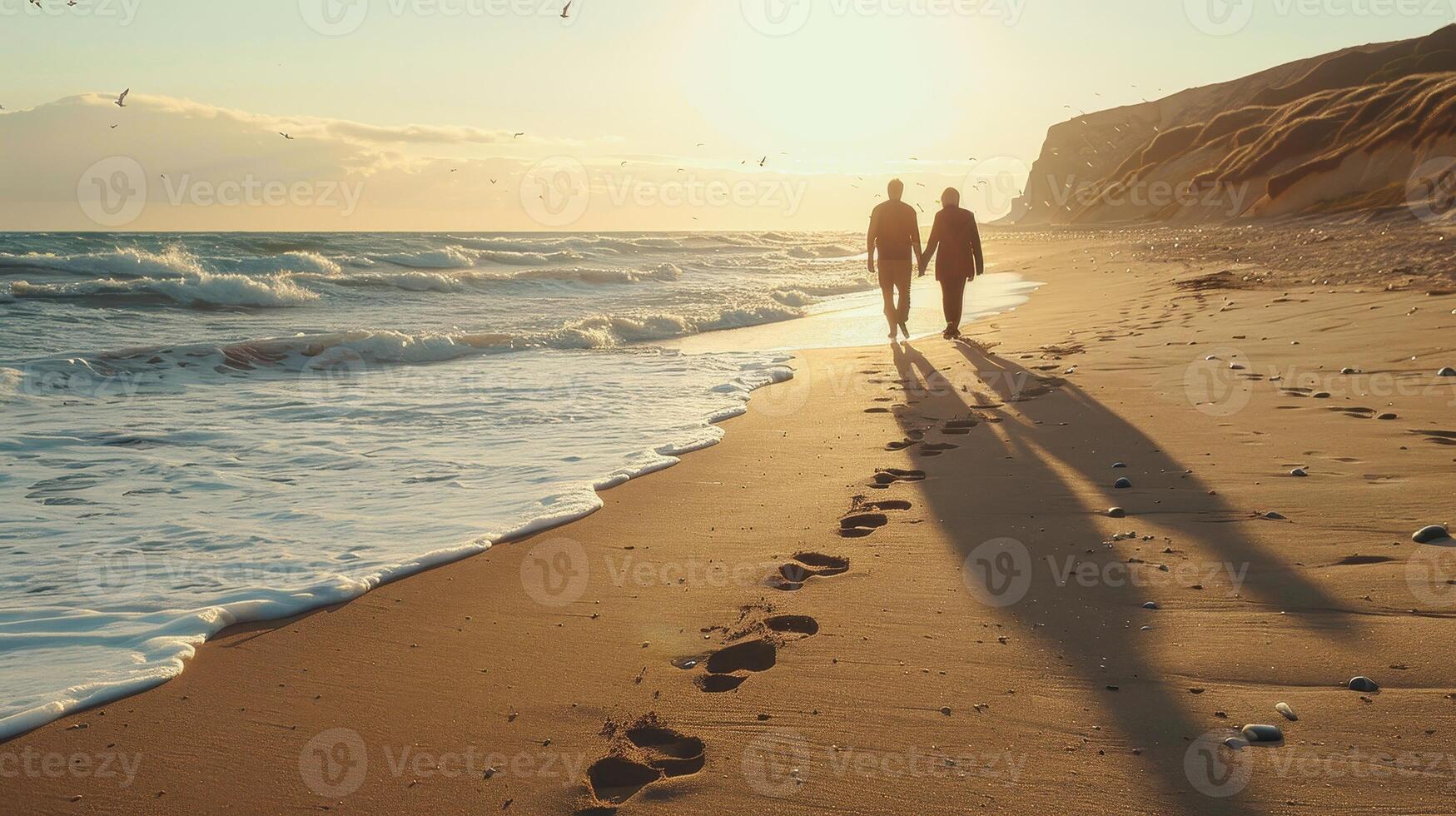 Golden Sunset Walk Along the Serene Beach With Gentle Waves and Seagulls Inviting Couples to Connect photo