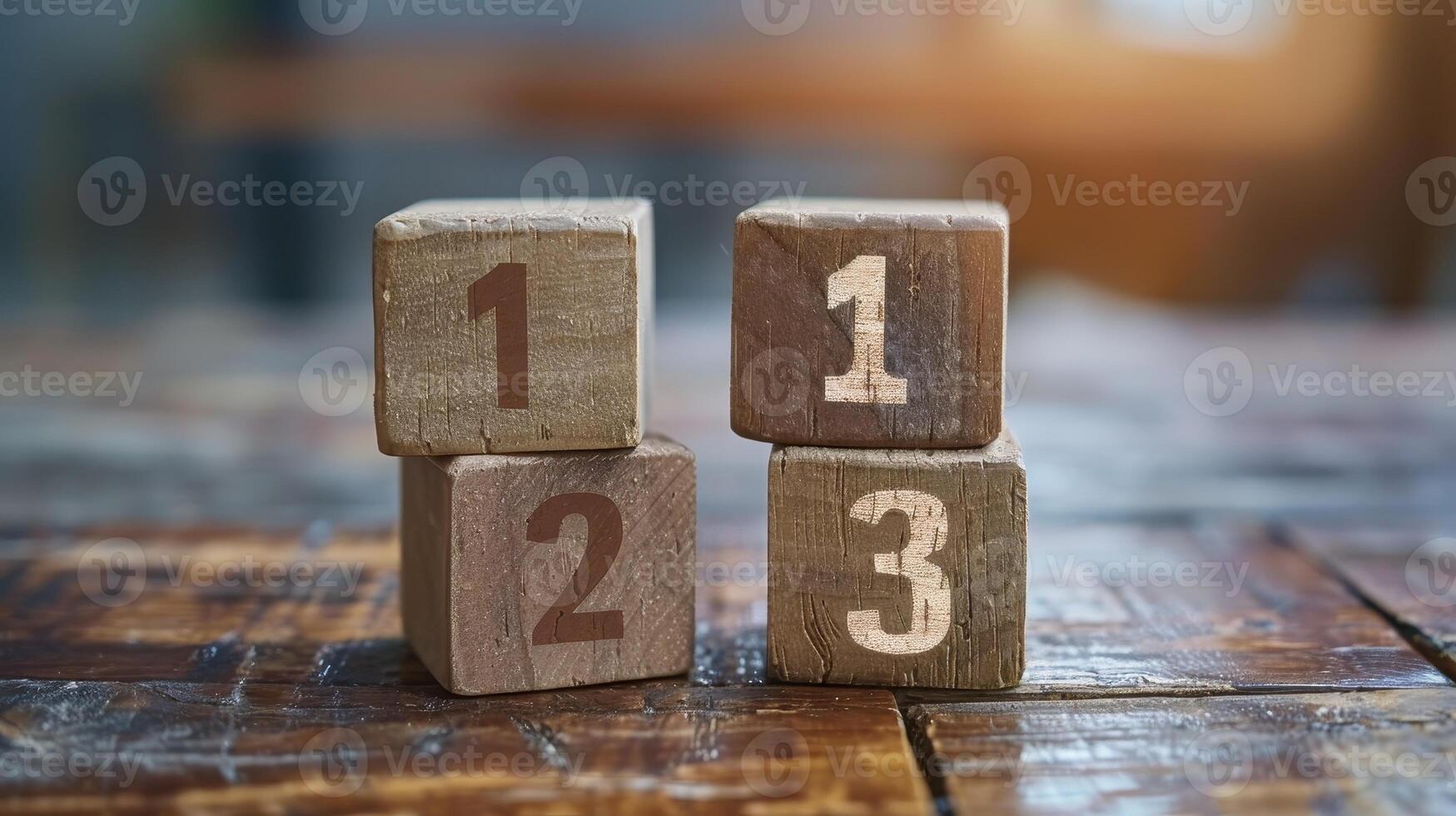 Wooden Number Blocks Stacked Together on a Rustic Table in Soft Morning Light photo