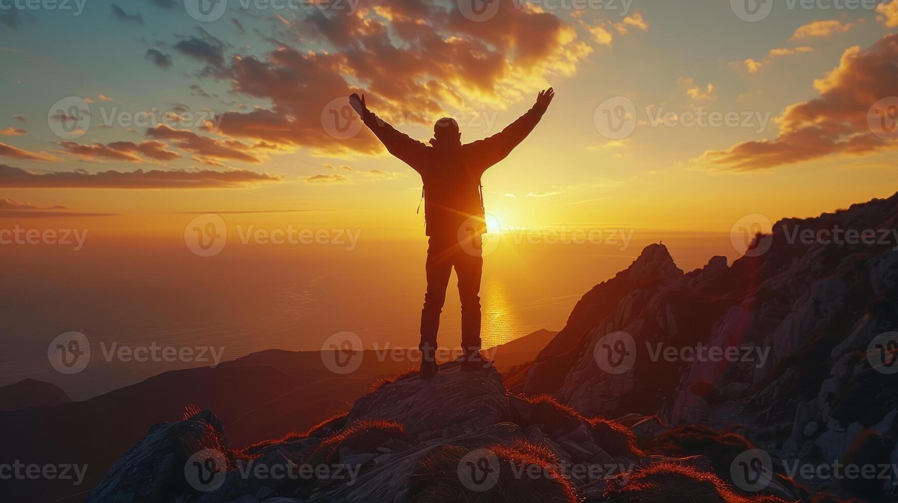 Silhouette of a Hiker Celebrating at Sunrise on a Mountain Summit Overlooking the Horizon photo
