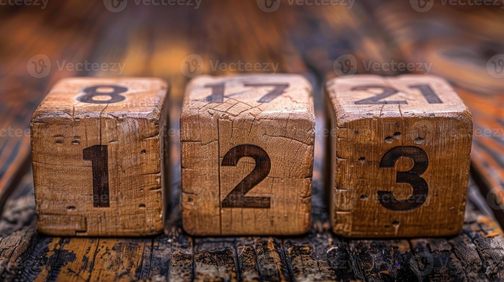 Creative Wooden Blocks Displaying Numbers One, Two, and Three on a Rustic Wooden Surface photo
