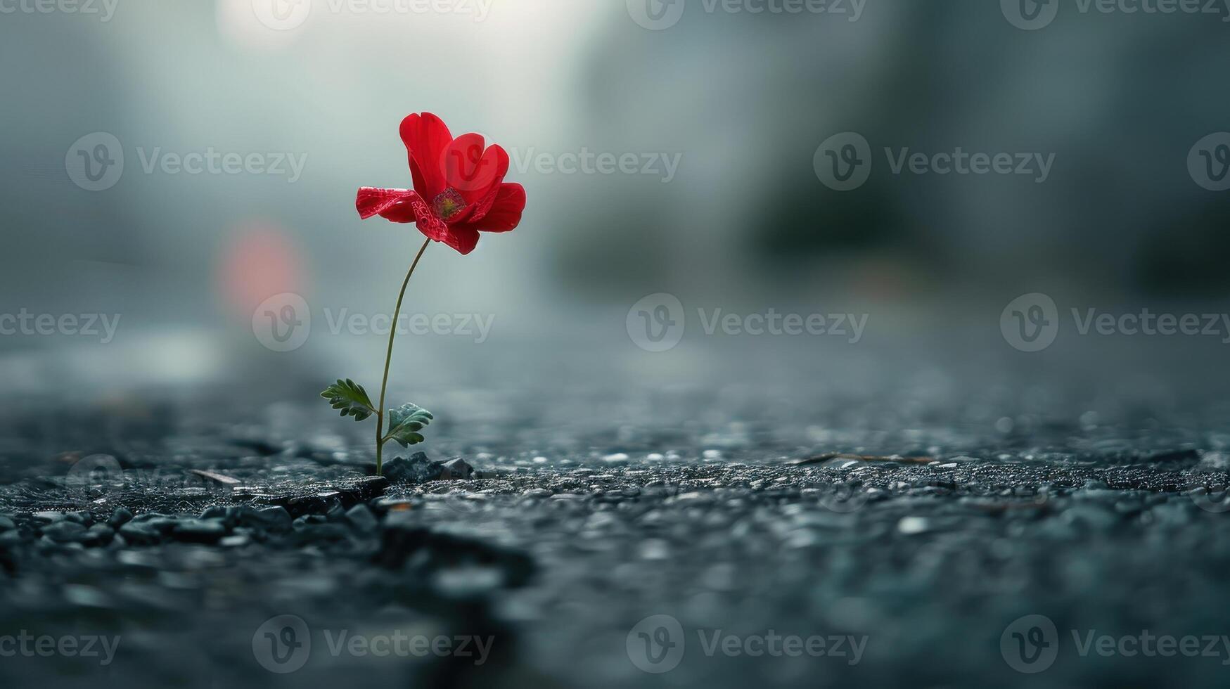 A Courageous Red Flower Blooms Through Cracked Asphalt on a Misty Urban Morning photo