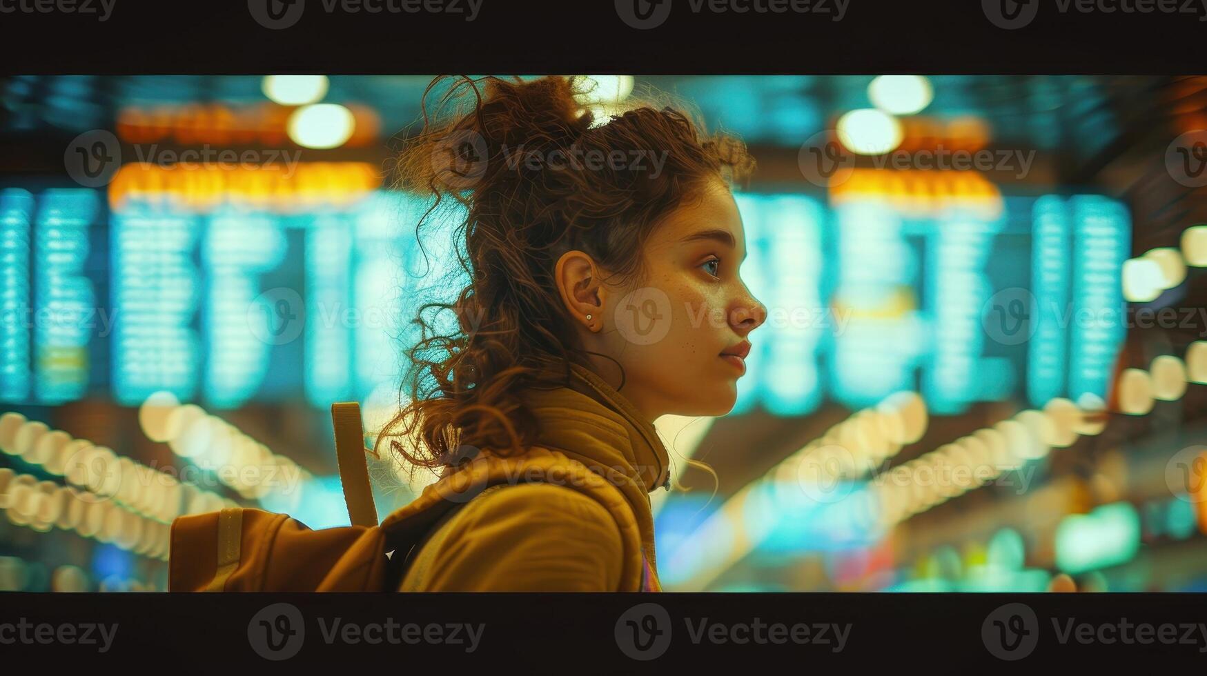 A Young Woman Stands Contemplatively in an Illuminated Train Station During Evening Rush Hour photo