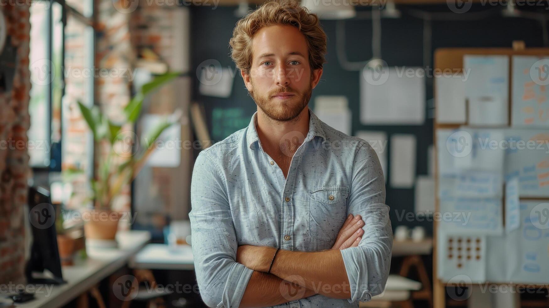 Confident Professional Standing With Arms Crossed in a Modern Office Space During Daylight Hours photo