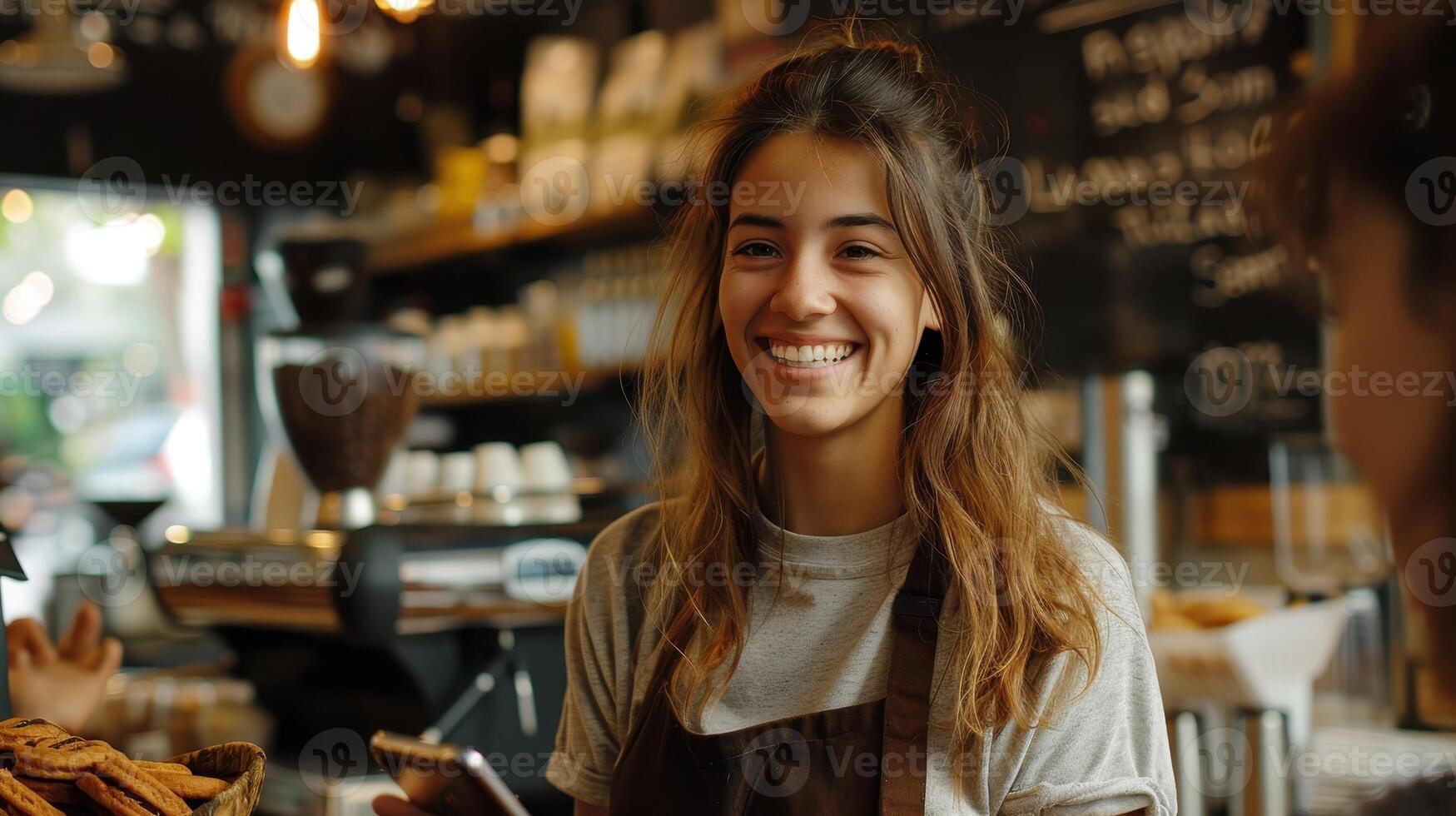 Joyful Barista Interacting With Customers in a Cozy Urban Coffee Shop During Afternoon Hours photo