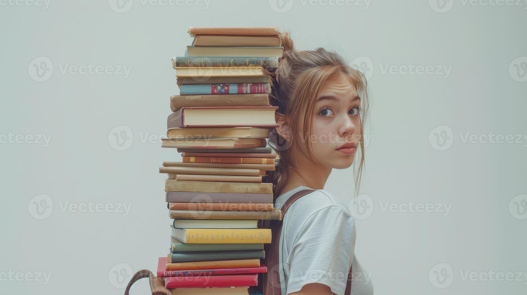 A Young Student Balancing a Tower of Books in a Bright Modern Library photo