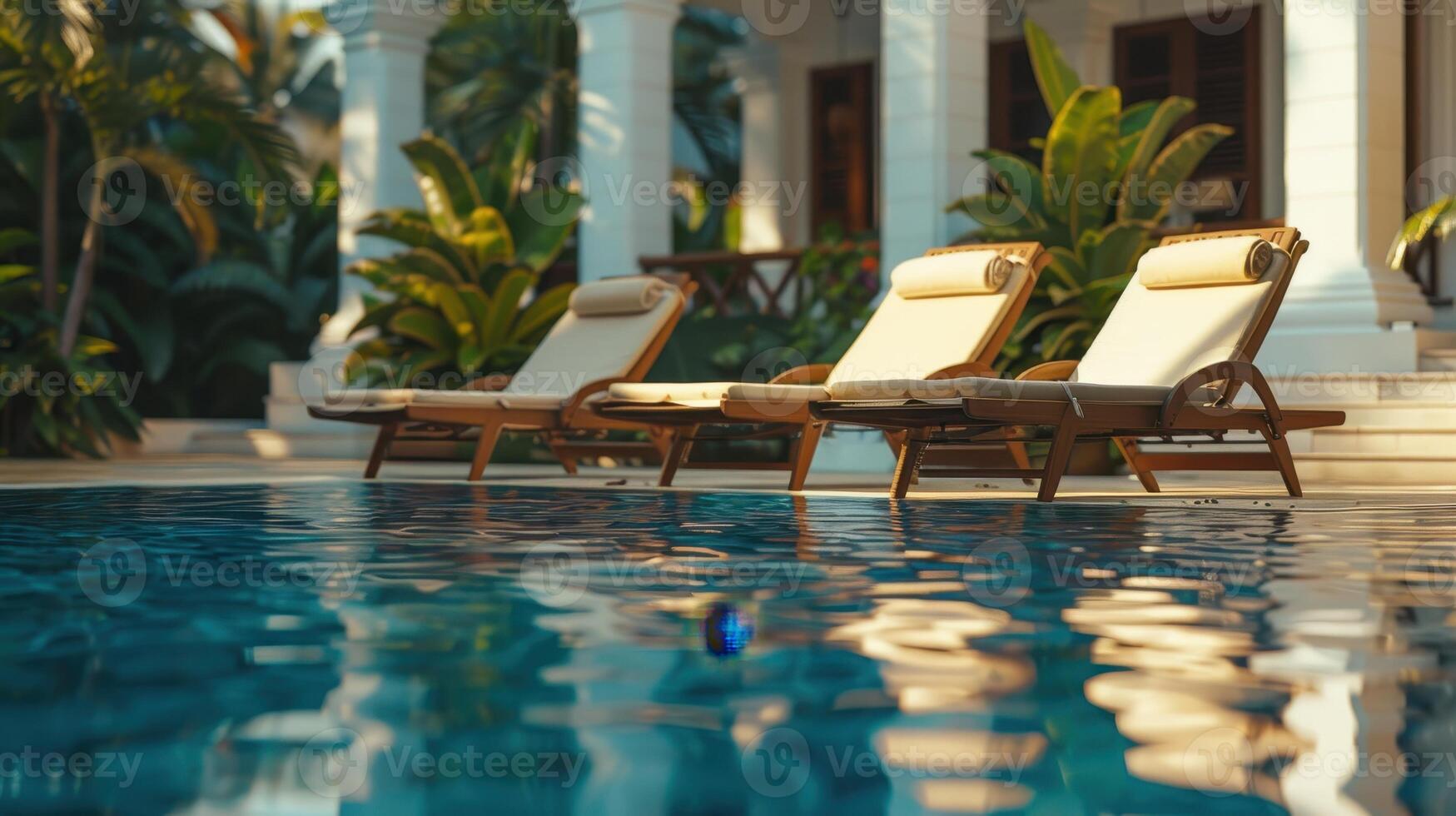 Serenity and Relaxation at a Luxurious Poolside Retreat Surrounded by Lush Greenery in the Early Evening photo