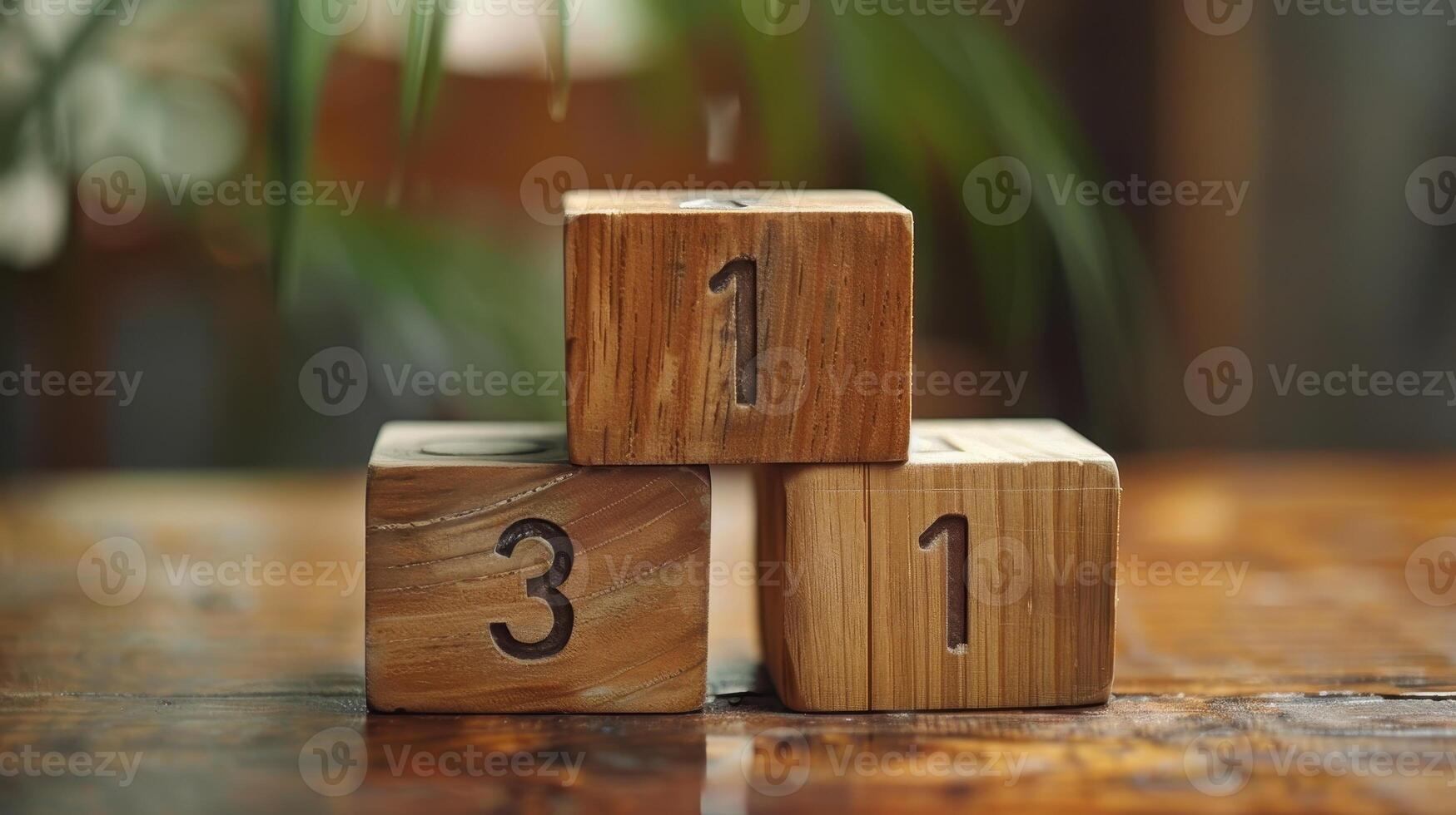 Artistic Wooden Blocks Displaying Numbers One and Three on a Rustic Table in a Cozy Interior Setting photo
