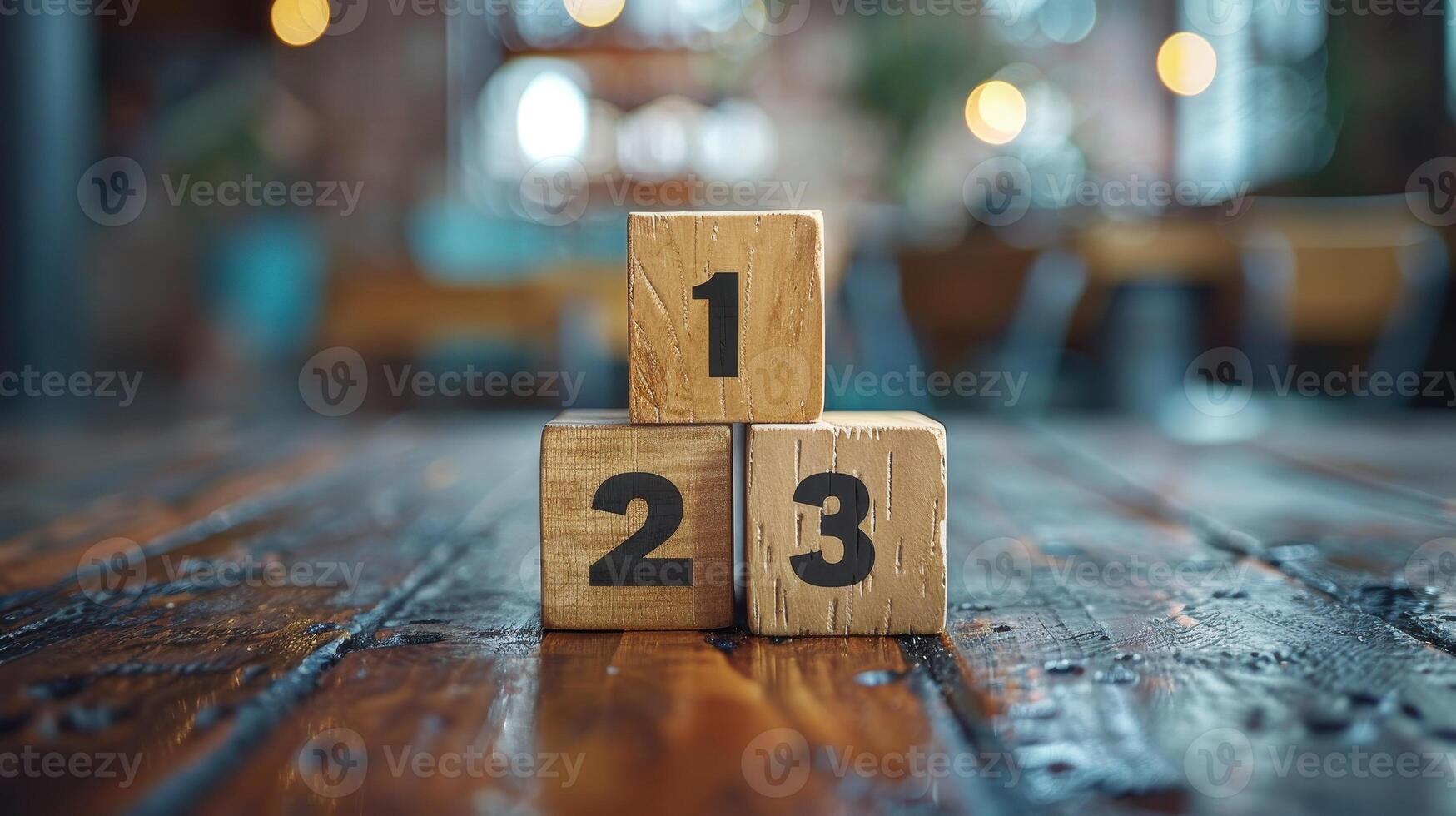 Three Wooden Blocks Stacked on Rustic Table in Cozy Cafe During Late Afternoon Light photo