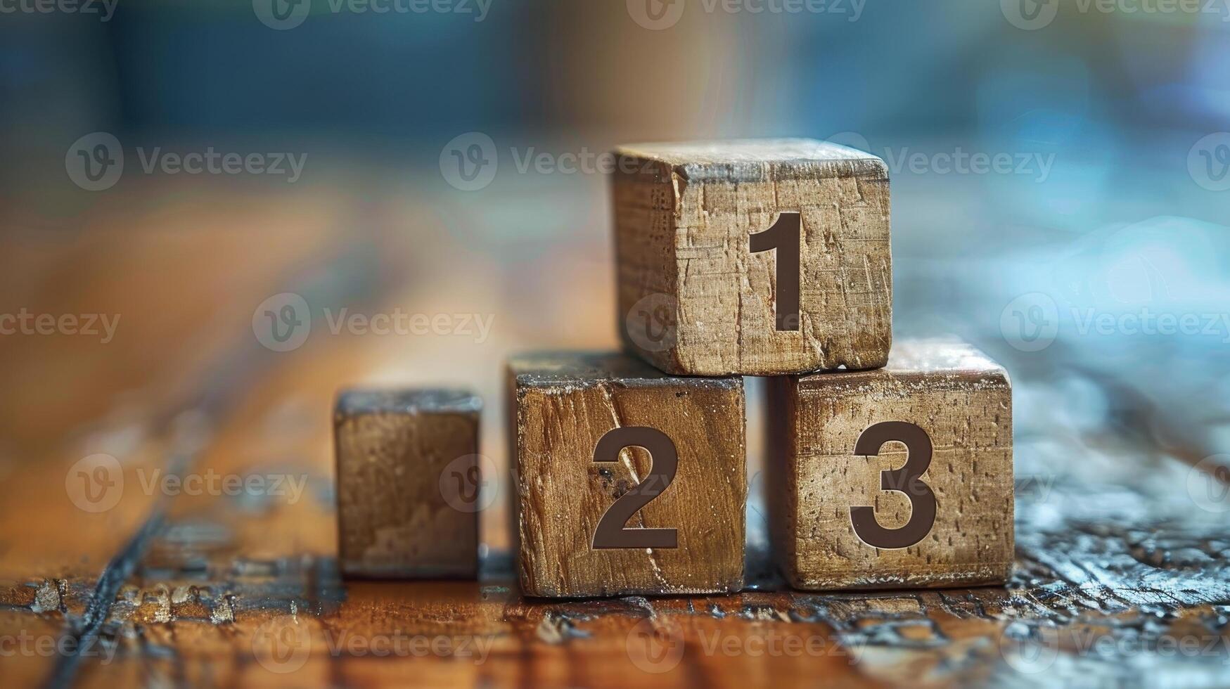 Wooden Number Blocks Stacked Neatly on Rustic Tabletop in Soft Natural Light photo