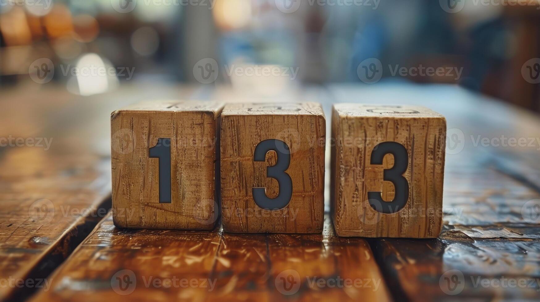 Artistic Arrangement of Wooden Blocks Displaying the Number 133 on a Rustic Table in a Cozy Cafe photo