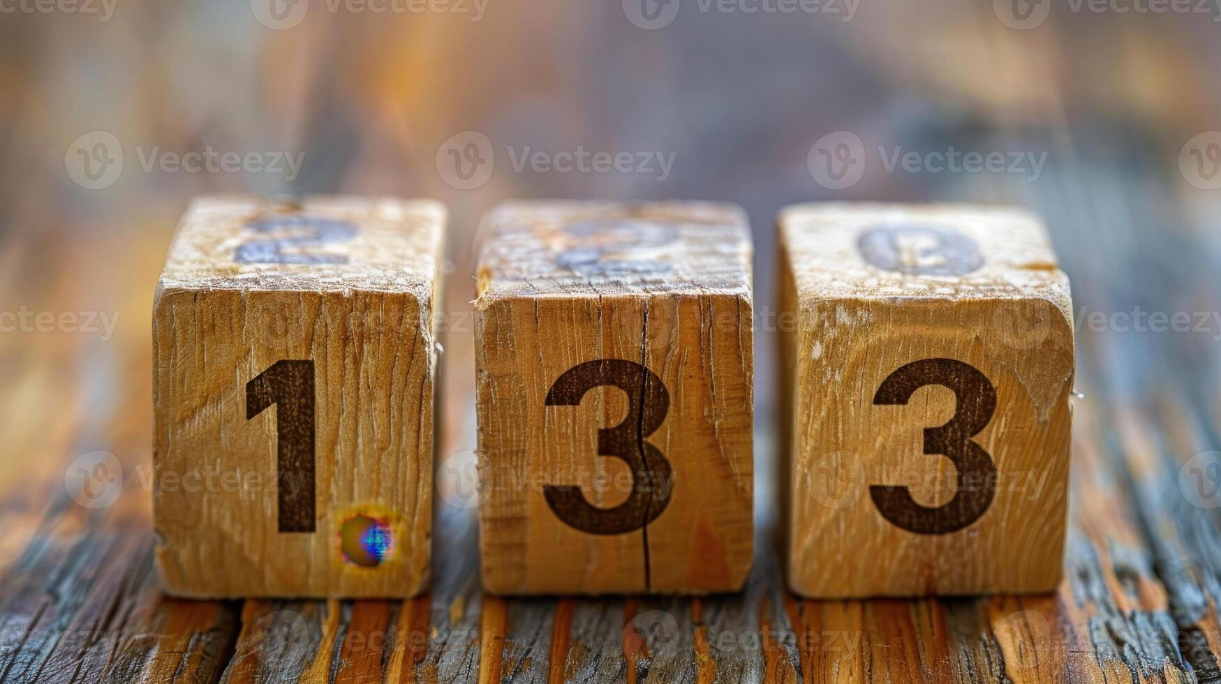 Wooden Blocks Displaying Numbers One and Three on Rustic Table Surface in Natural Light photo