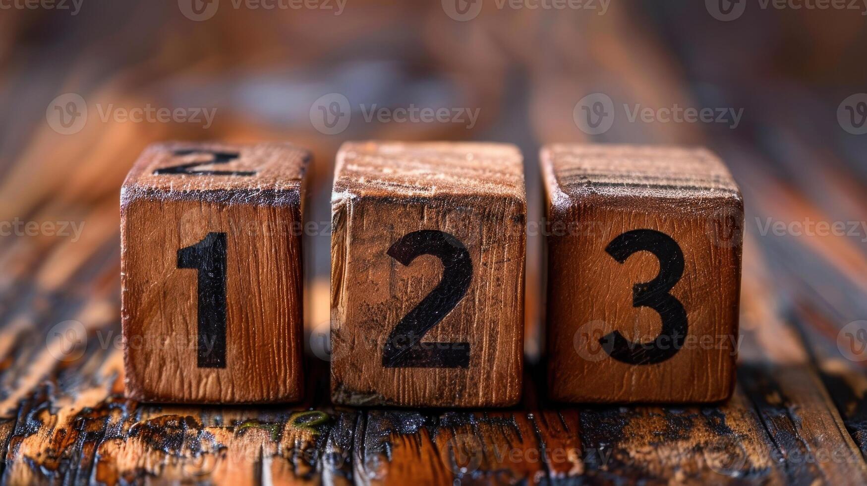 Vintage Wooden Blocks Displaying Numbers One, Two, and Three on Rustic Surface photo