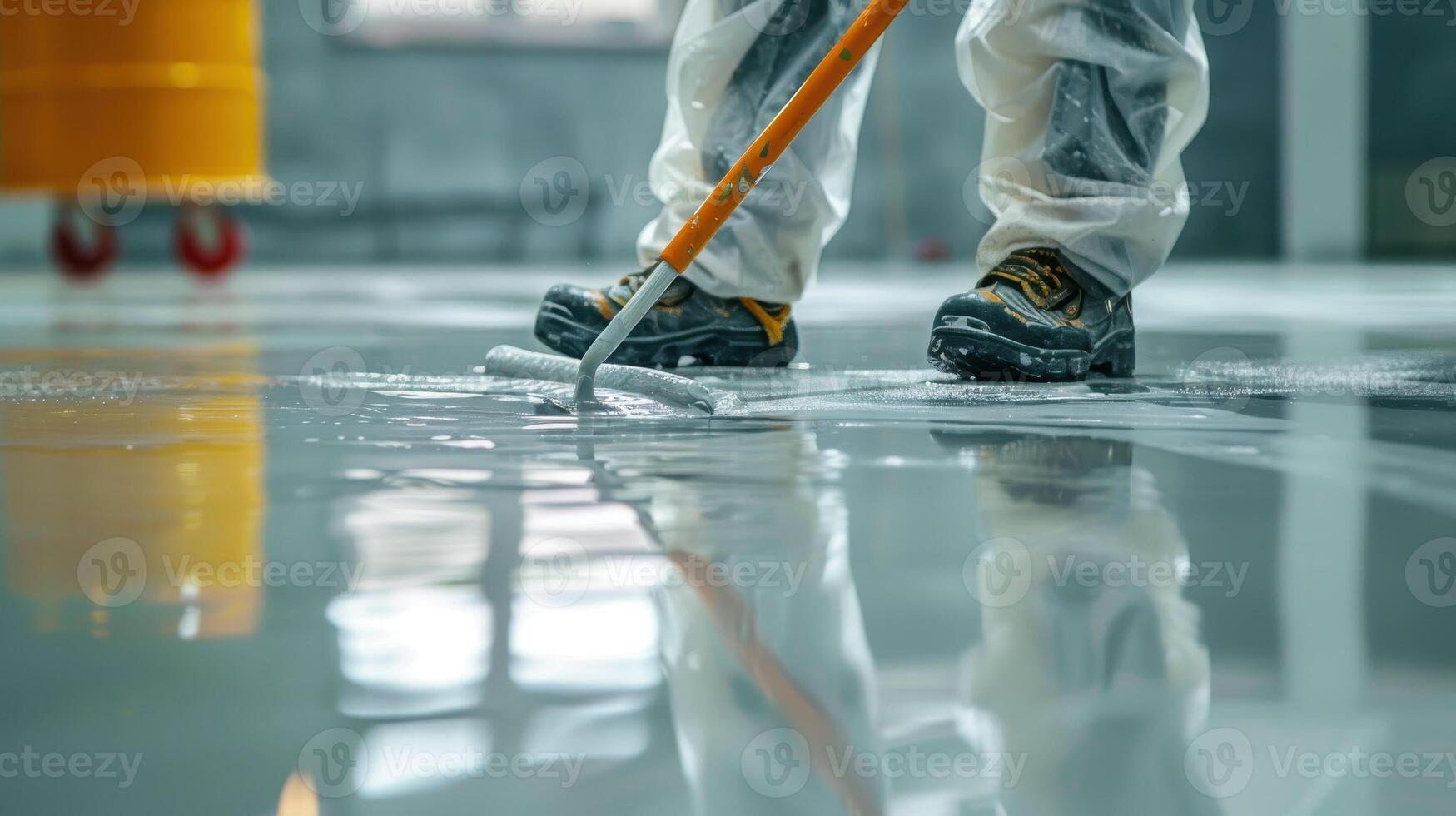 Skilled Worker Coating A Newly Leveled Concrete Floor In A Bright Industrial Space photo