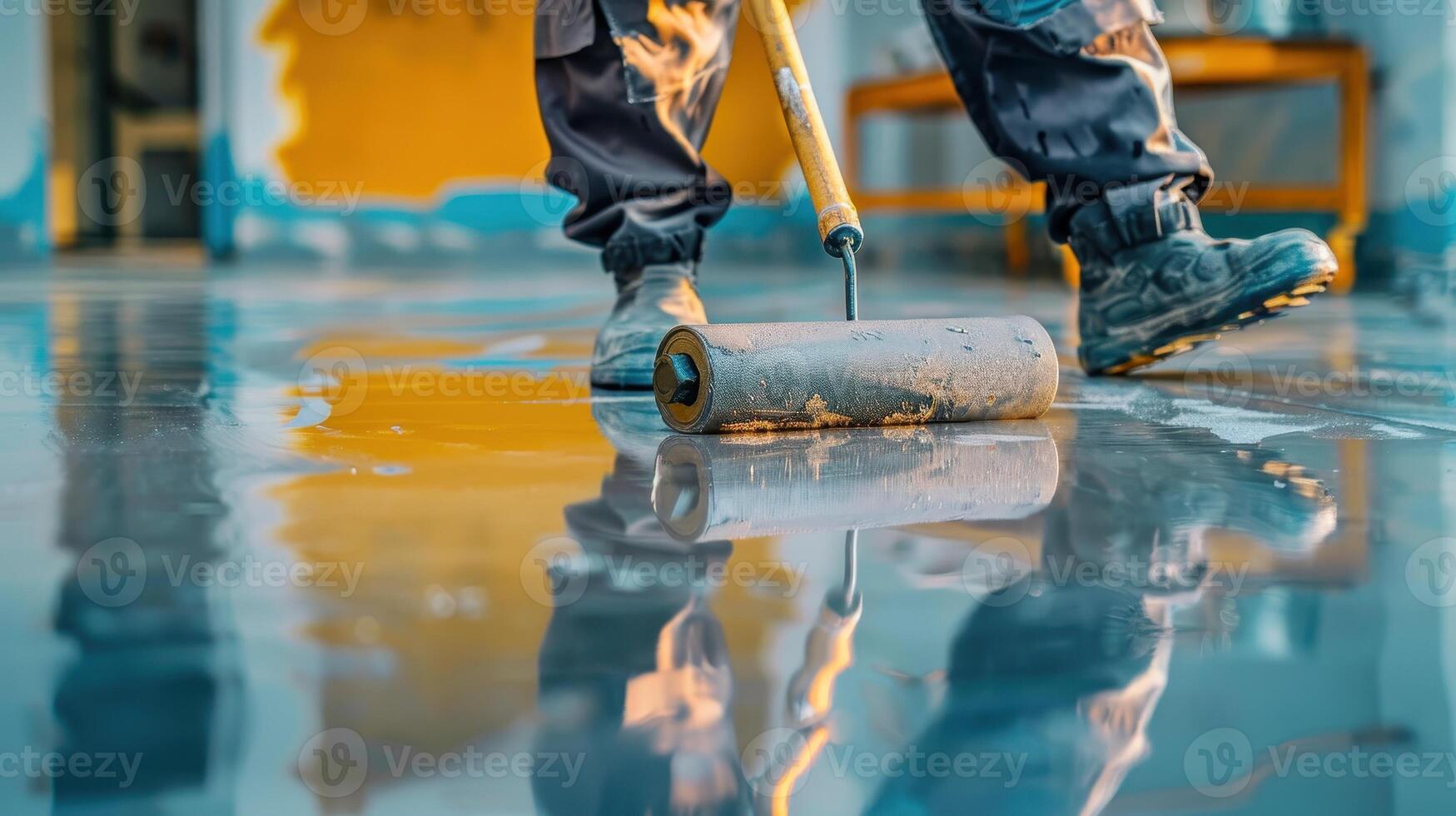Creative Artist Applying Gleaming Epoxy Coating to Floor in Brightly Colored Workshop Interior photo