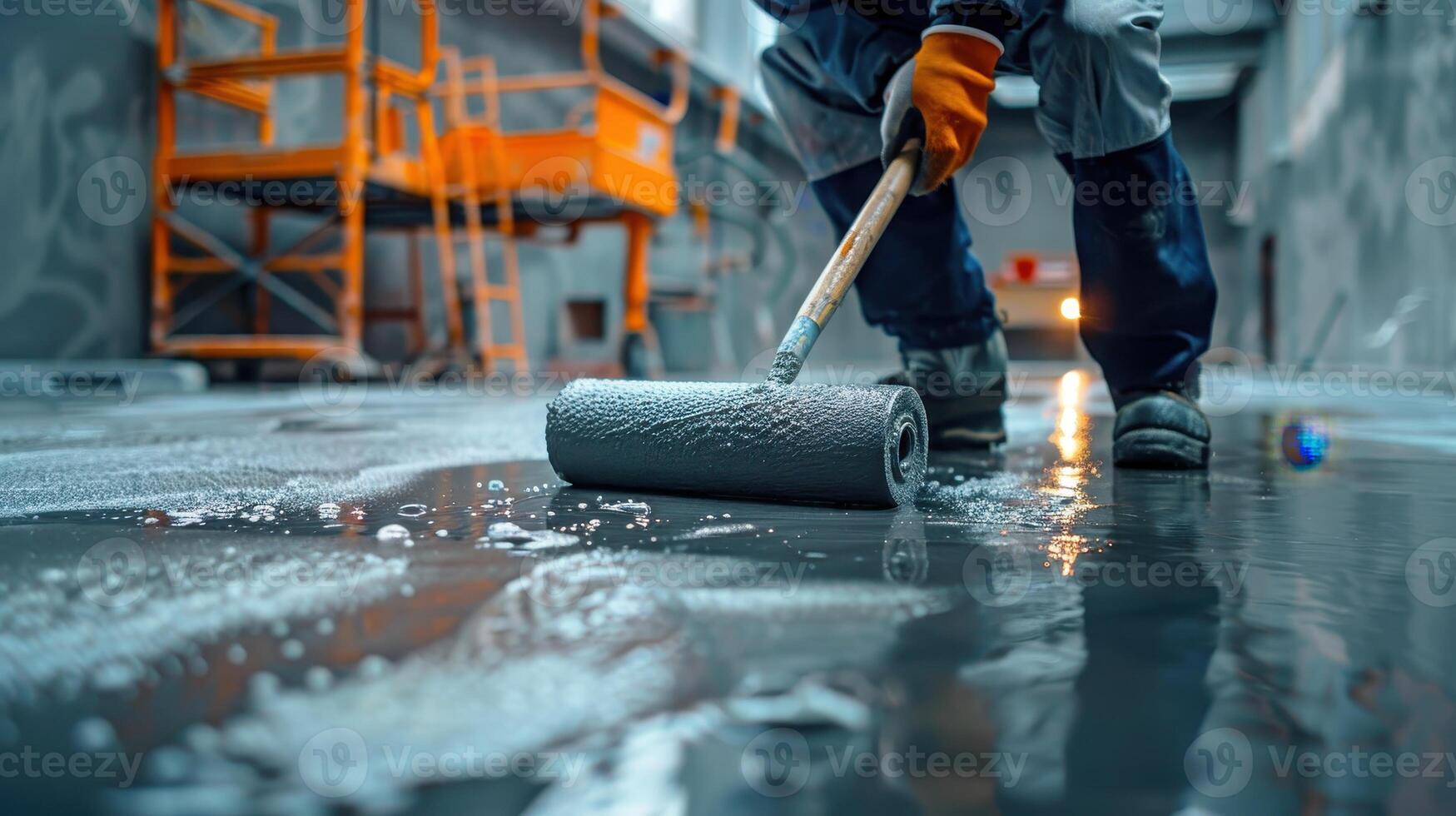 Focused Worker Applying Fresh Concrete to Floor in Modern Industrial Facility During Daylight Hours photo