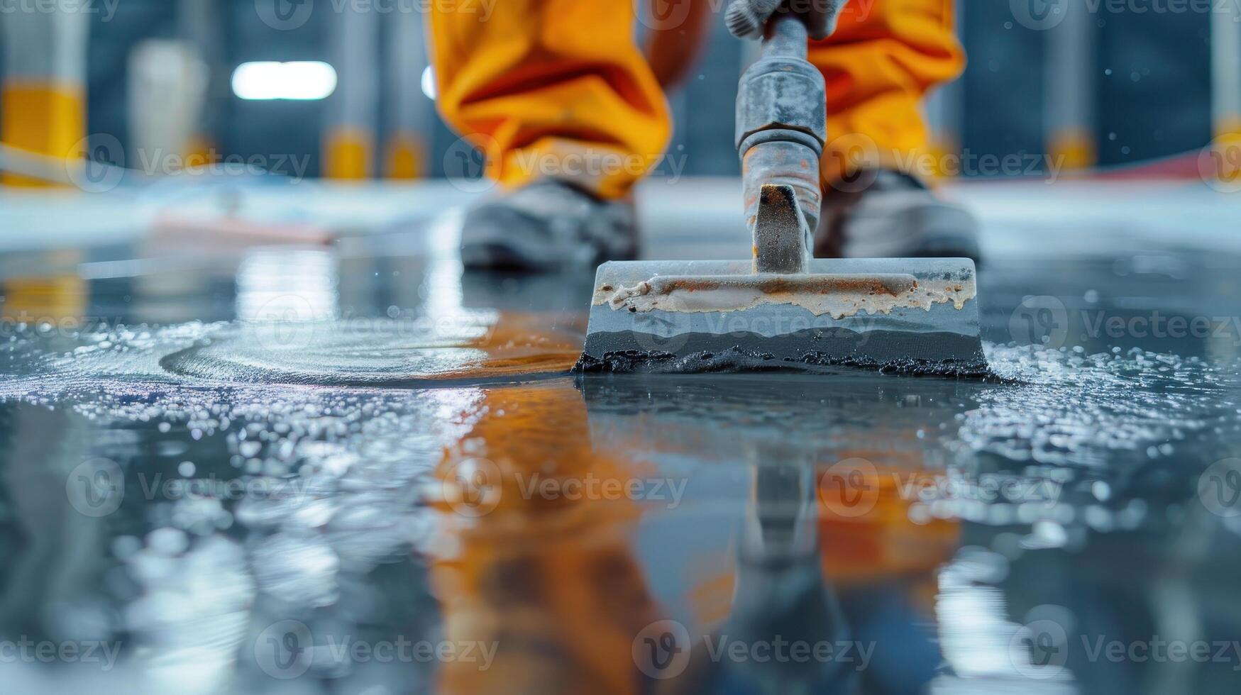 Skilled Worker Applying Fresh Epoxy Coating to Gleaming Warehouse Floor in Brightly Lit Industrial Space photo