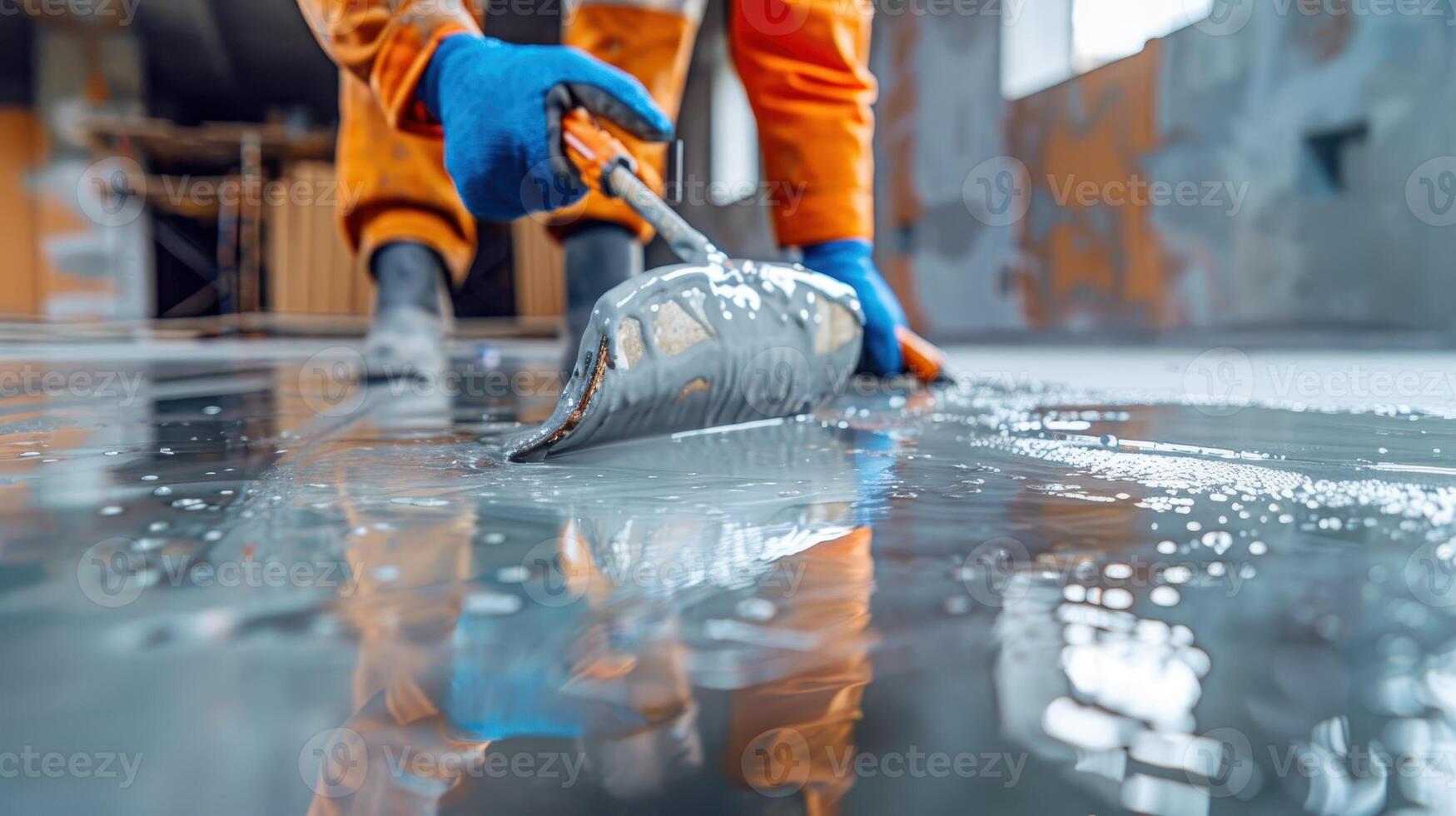 Professional Worker Applying Fresh Epoxy Coating on a Modern Industrial Floor in a Bright Renovated Space photo