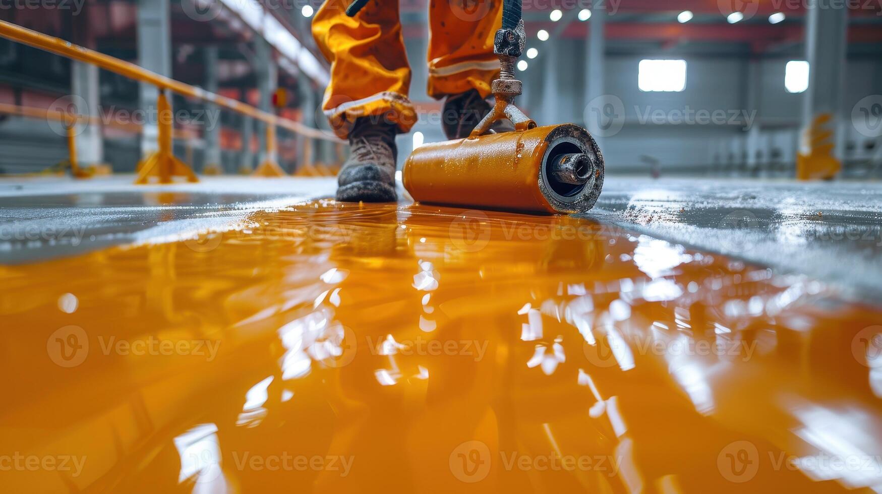 Worker Applying Fresh Orange Paint on a Factory Floor During Daytime Renovation photo