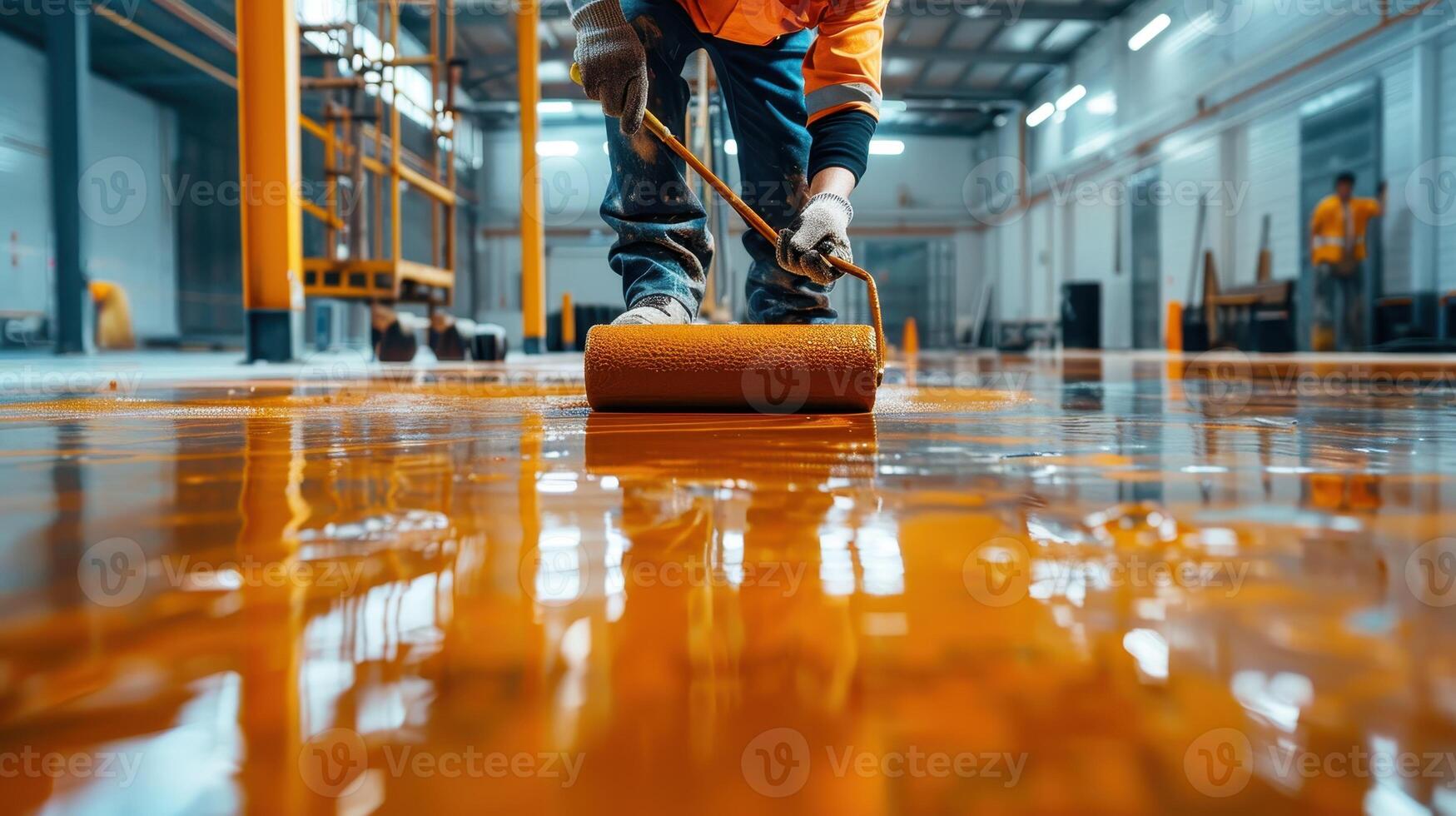 Hands-On Worker Applying Vibrant Orange Paint to Shiny Floor in Modern Warehouse During Bright Daylight Hours photo