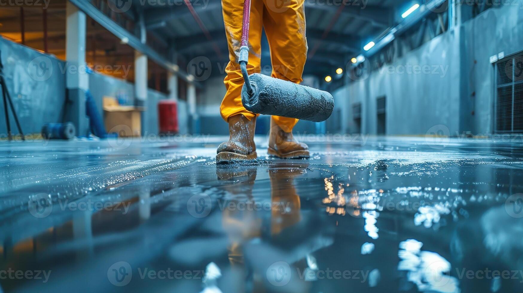 A Worker Smoothly Painting the Glossy Floor of a Spacious Warehouse During Daylight Hours photo