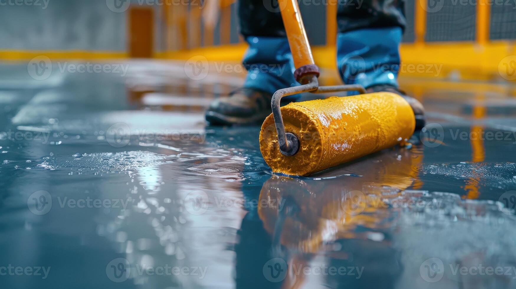 Skilled Worker Applying Fresh Coat of Paint on Newly Renovated Floor at Construction Site photo