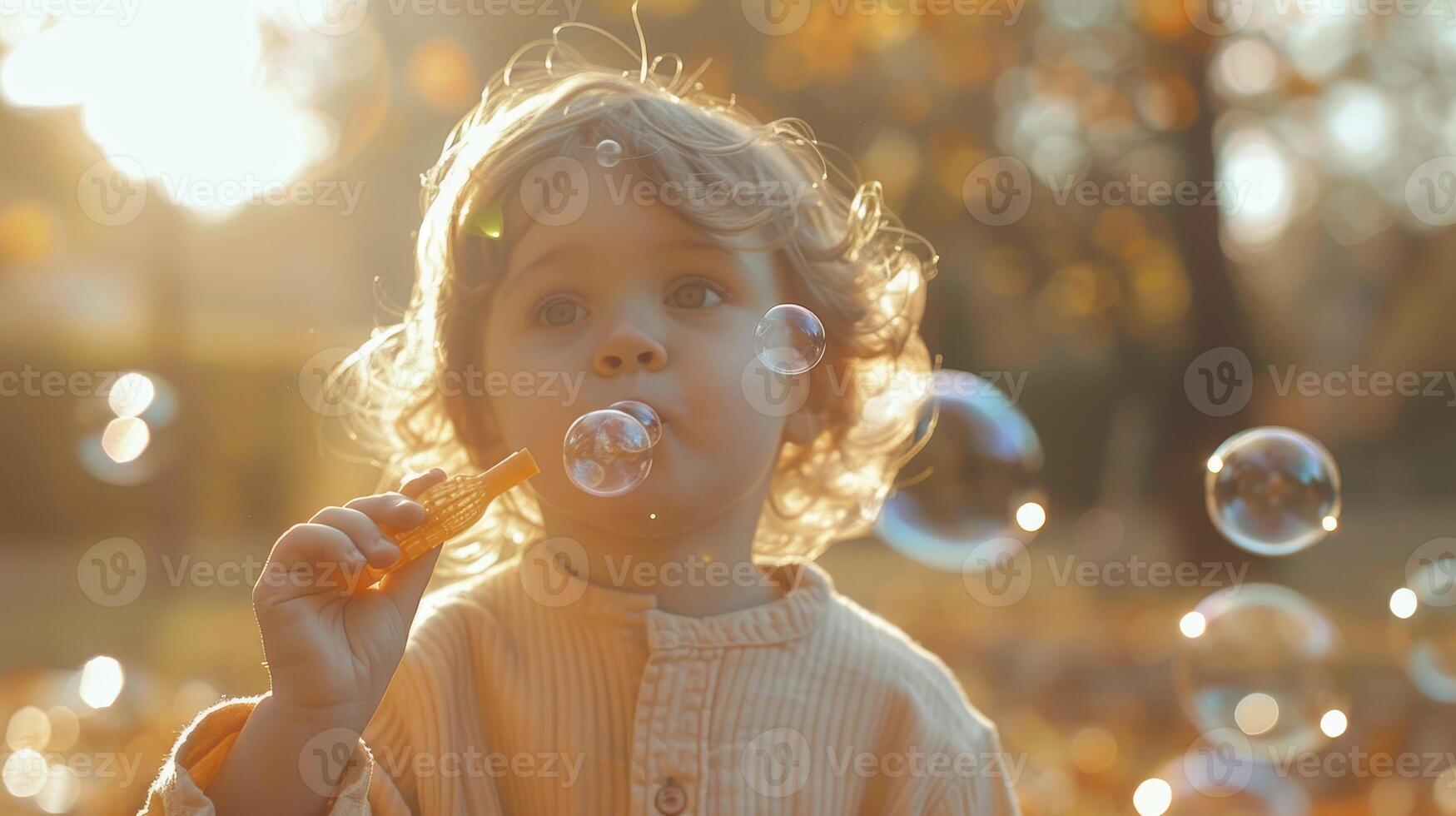 Charming Child Blowing Bubbles Amidst Golden Autumn Leaves at Sunset photo