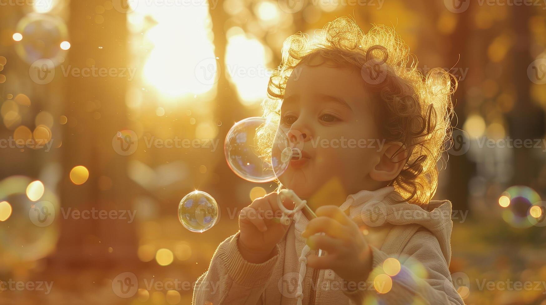 A Young Child Joyfully Blowing Bubbles Amidst Sunlit Autumn Foliage in the Evening Glow photo
