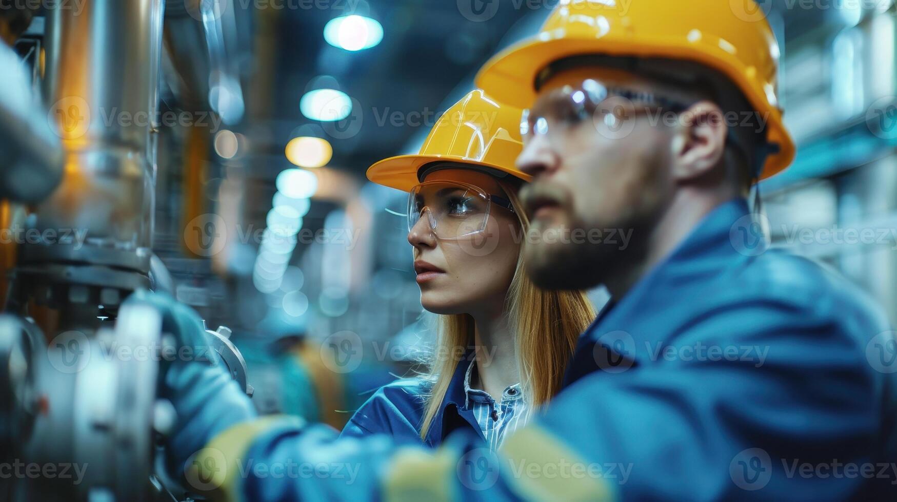 Industry Professionals Collaborate on Machinery Operations in a Manufacturing Facility During Daytime Shift photo