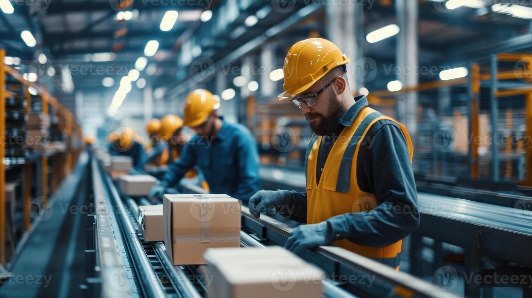 Dedicated Workers Organizing Packages on an Assembly Line in a Busy Warehouse During Daylight Hours photo