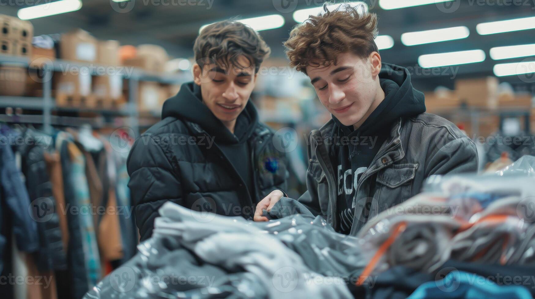 Exploring a Thrift Store Treasure Trove at Dusk With Friends in Search of Unique Fashion Finds photo
