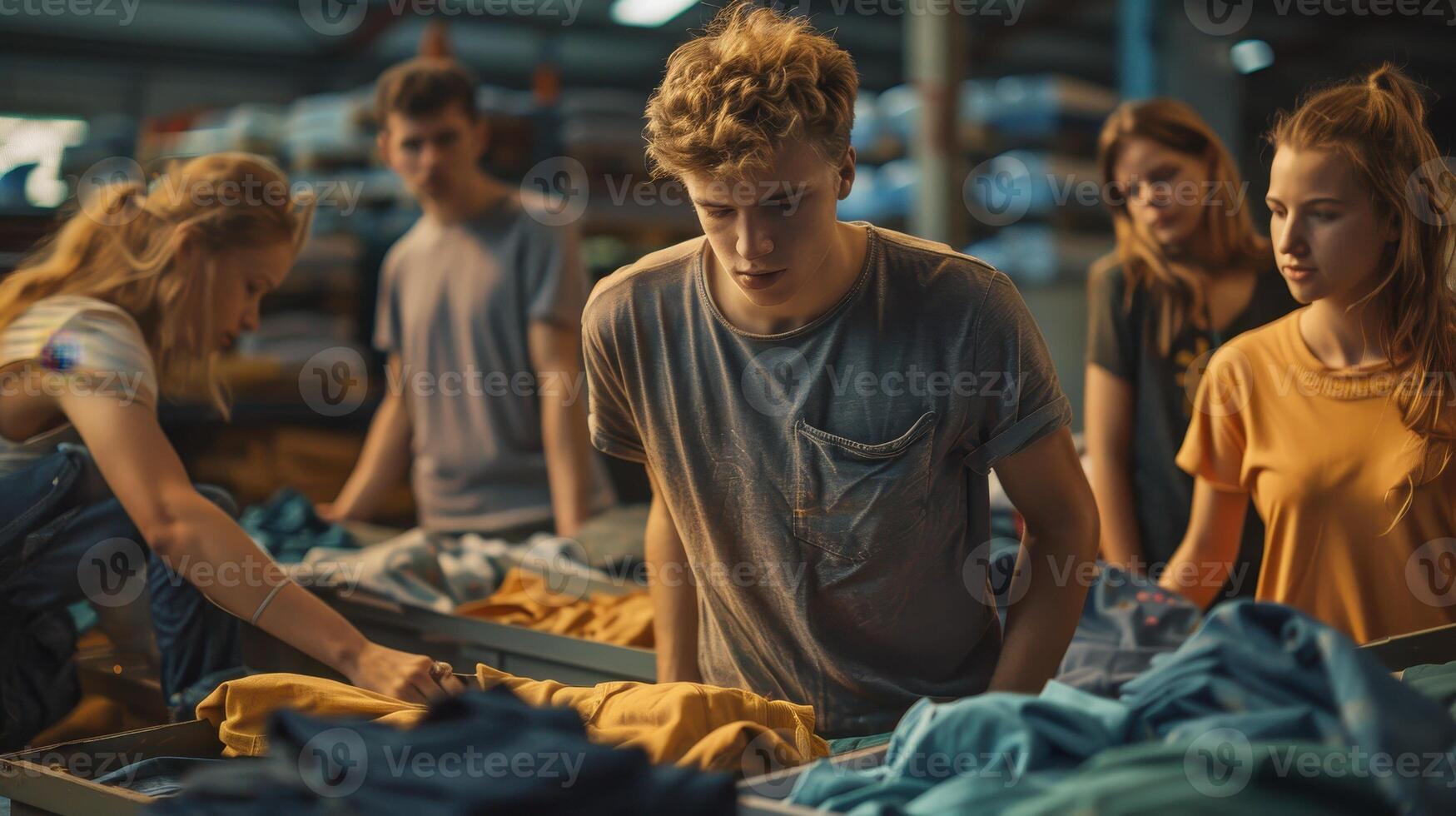 Young Adults Sorting Through Colorful Garments in a Busy Warehouse During Late Afternoon Light photo