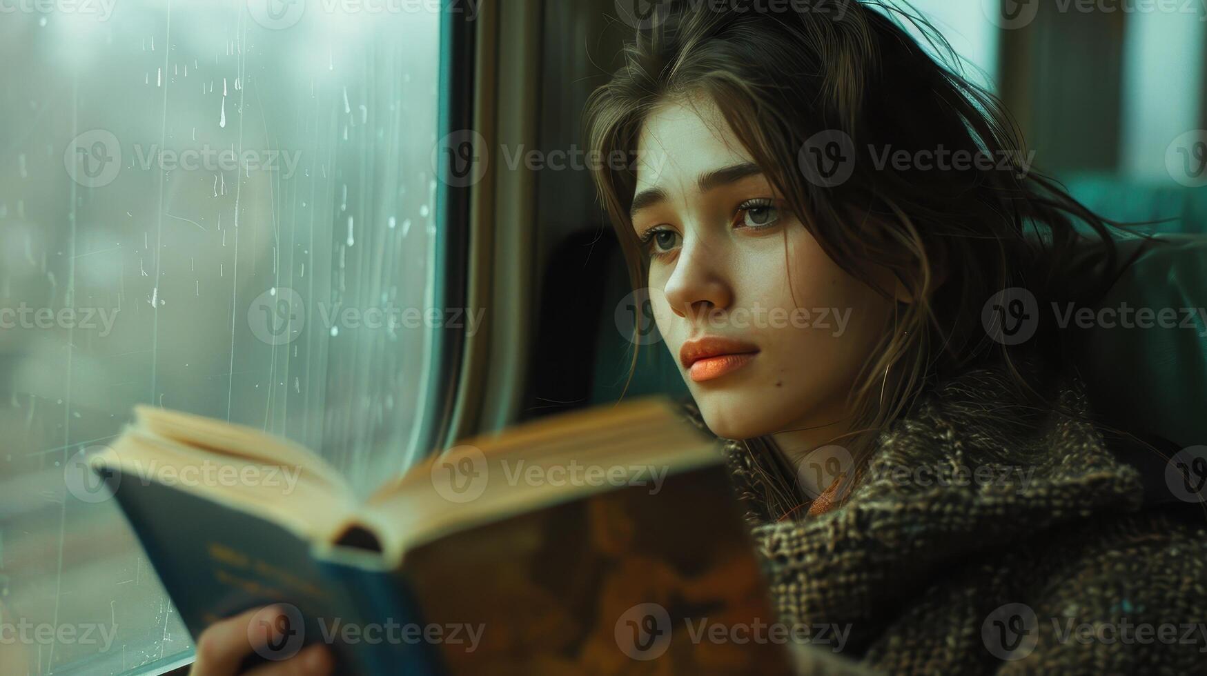 A Young Woman Enjoying a Captivating Book While Traveling on a Rainy Train Journey in Autumn photo