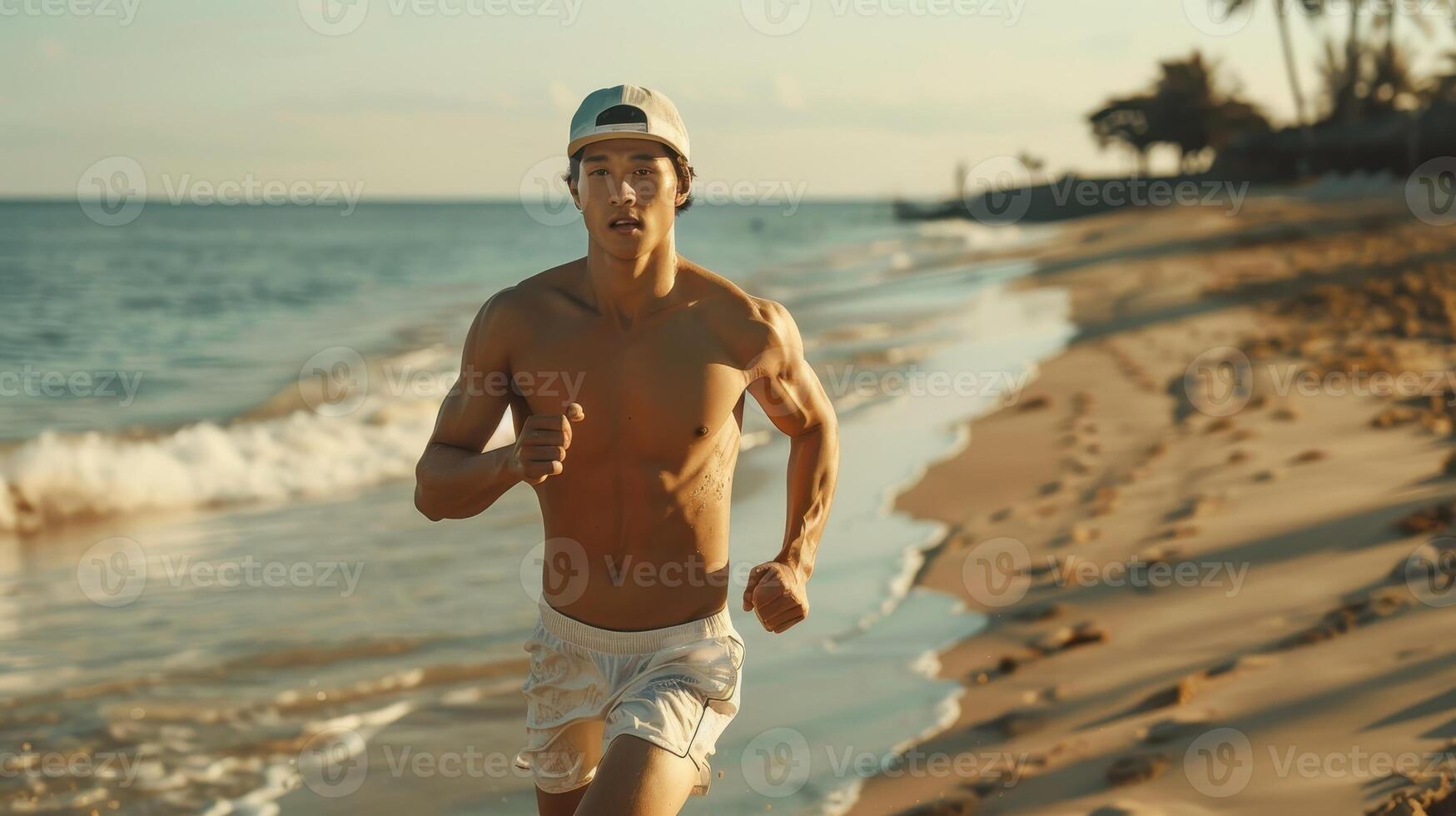 Dynamic Young Man Running Along Serene Beach During Golden Hour at Coastal Paradise photo