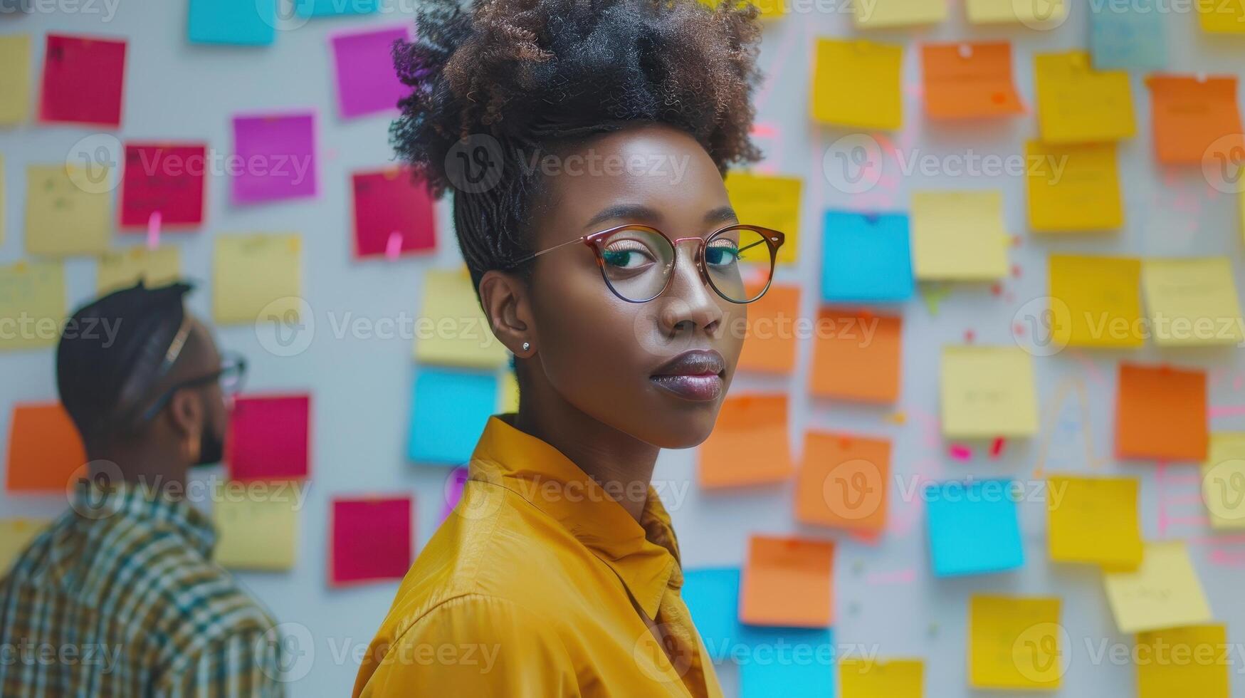 Focused Creative Professional Engaged in Brainstorming Amidst a Colorful Array of Sticky Notes photo